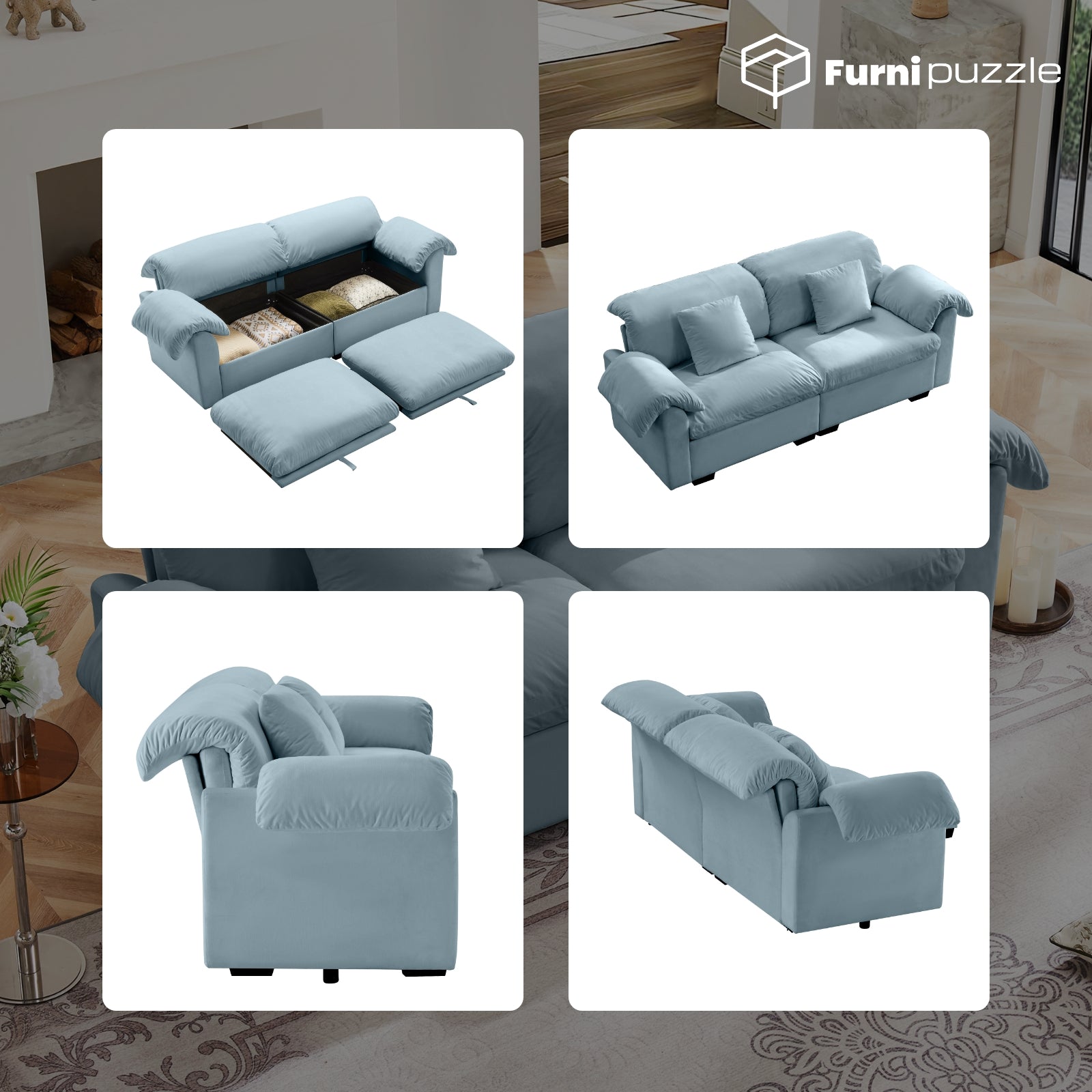 Furnipuzzle Velvet Armless Modular Sofa with Storage and Ottoman