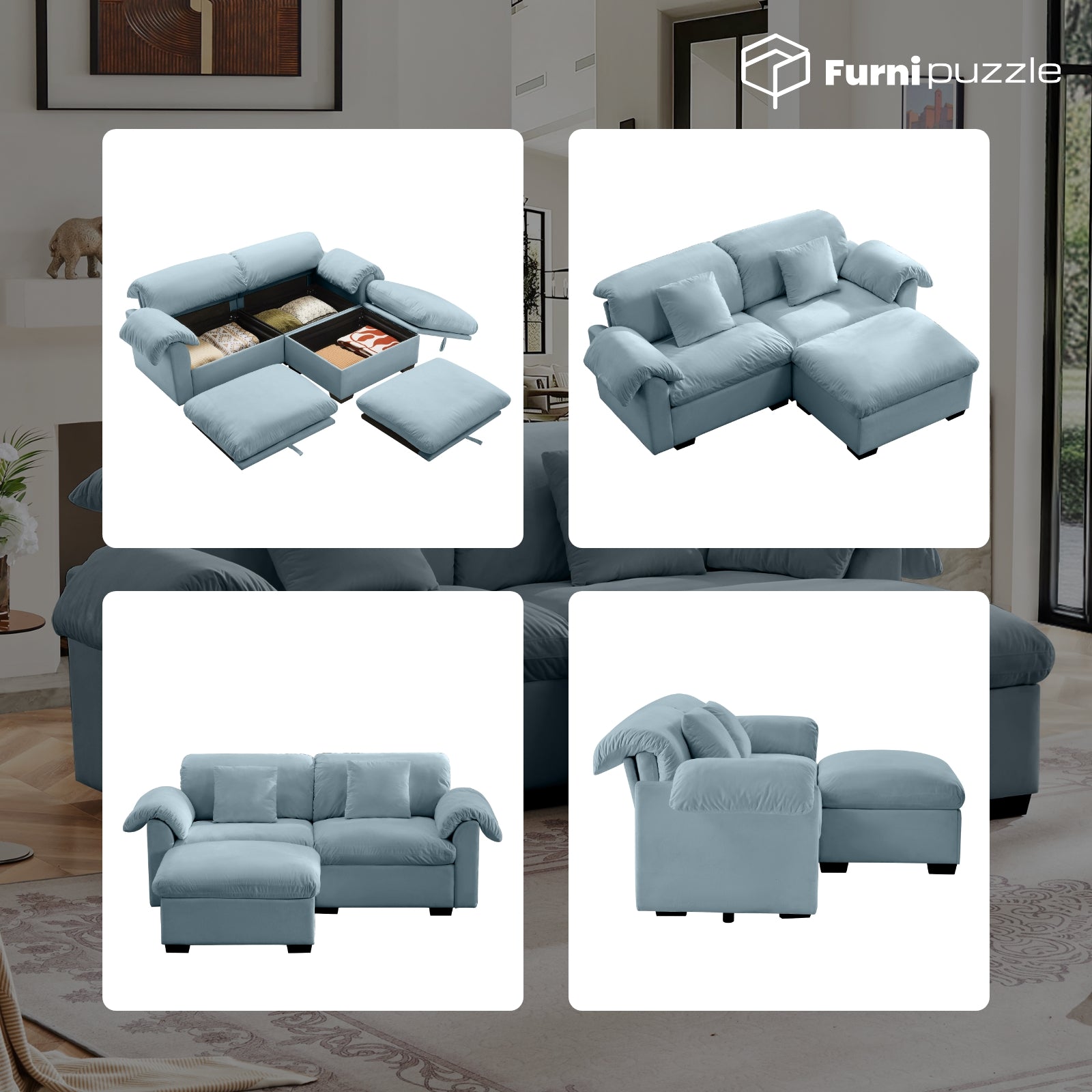 Furnipuzzle Velvet Armless Modular Sofa with Storage and Ottoman