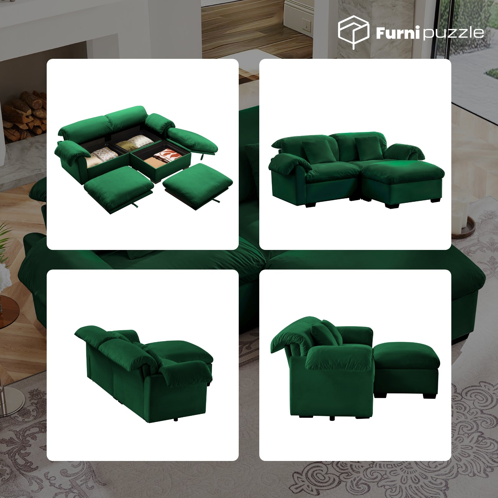 Furnipuzzle Velvet Armless Modular Sofa with Storage and Ottoman