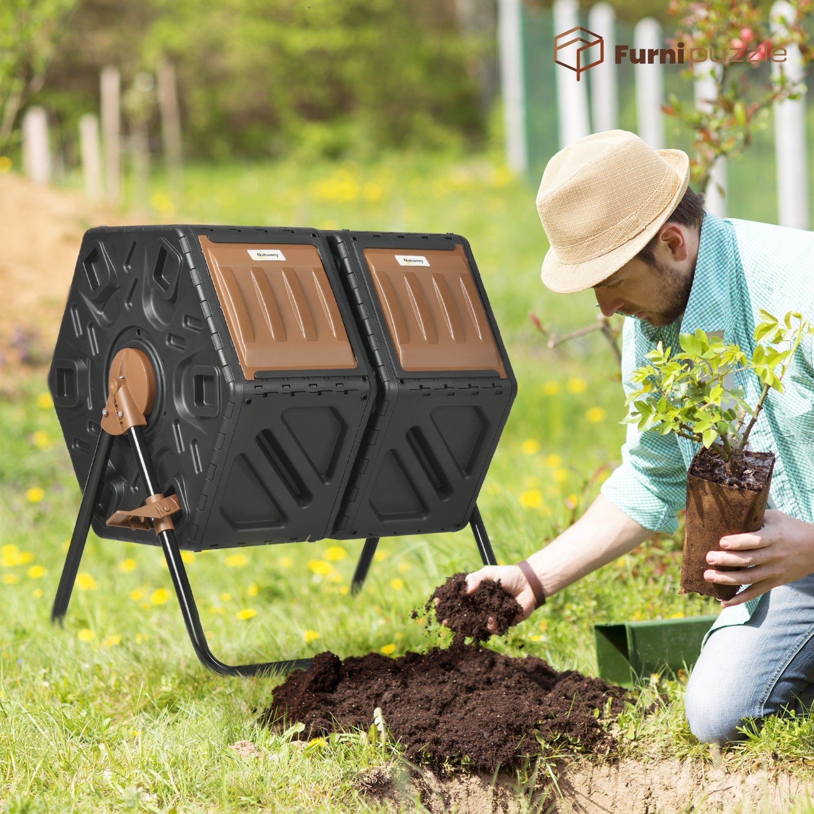Furnipuzzle Creative Compost Bin with Dual Chambers-Black PP Material,Wheeled Design for Courtyard and Backyard Use