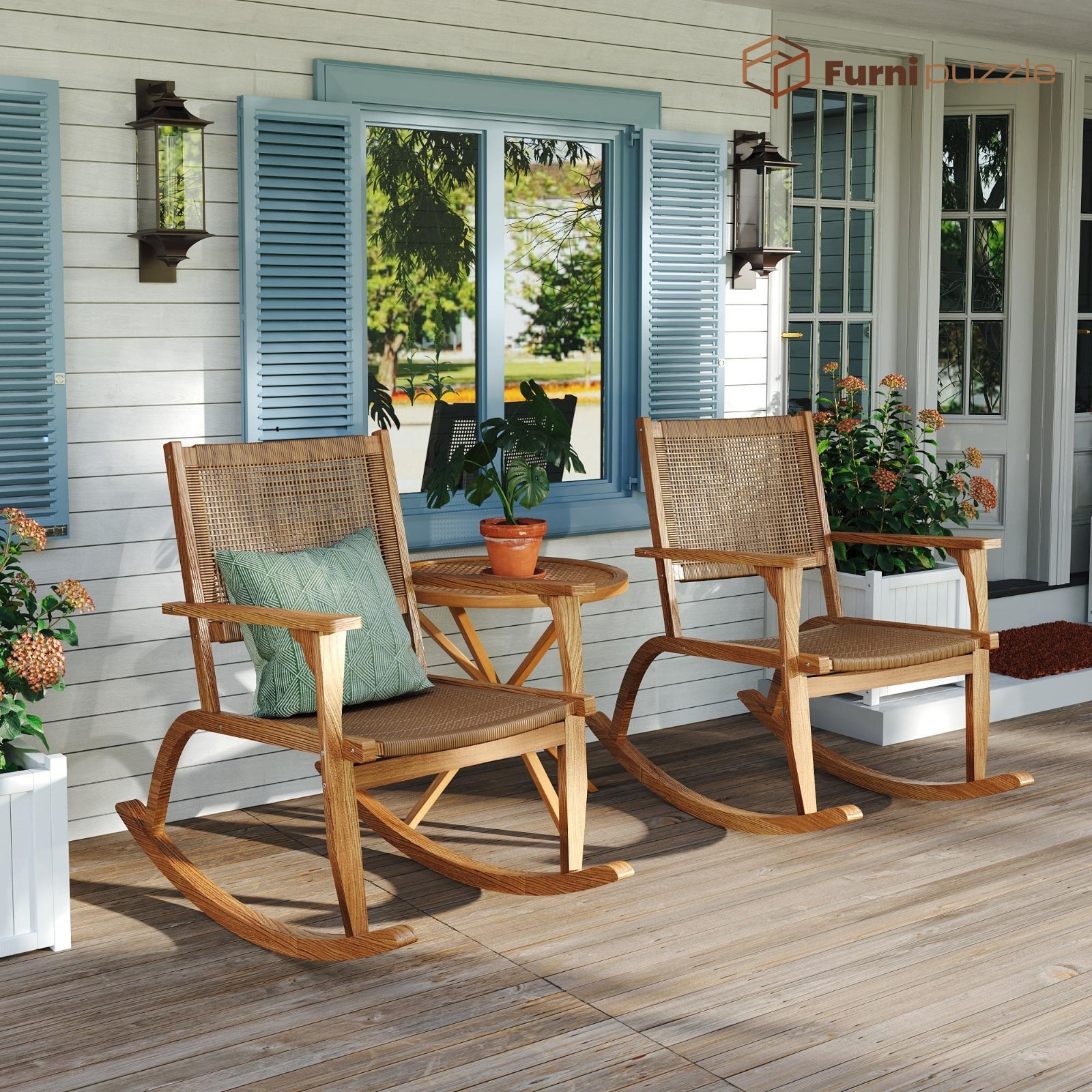 Furnipuzzle Patio Rocking Chair Set of 2 with Wicker Rattan Seat & Backrest