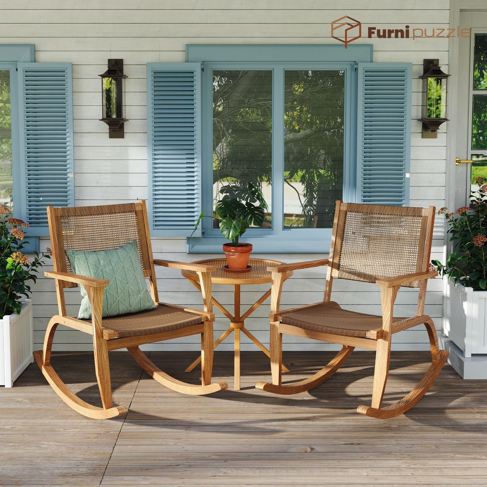 Furnipuzzle Patio Rocking Chair Set of 2 with Wicker Rattan Seat & Backrest