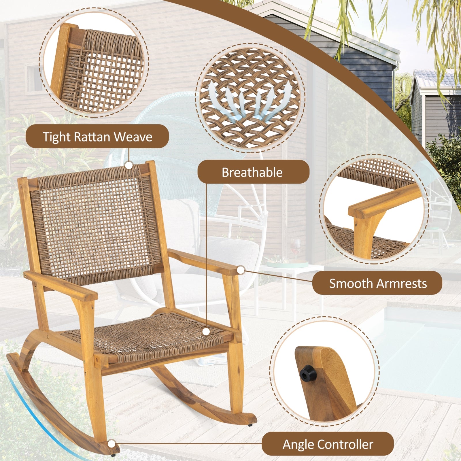 Furnipuzzle Patio Rocking Chair Set of 2 with Wicker Rattan Seat & Backrest