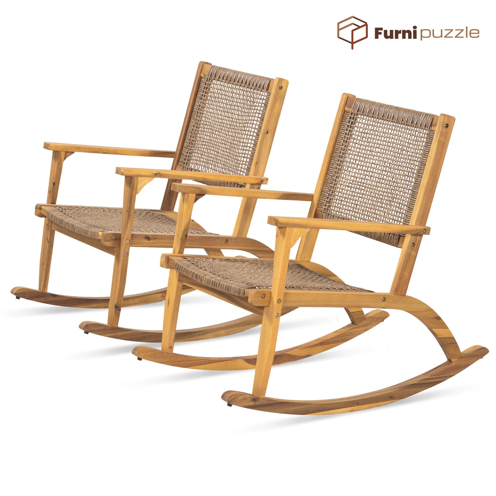 Furnipuzzle Patio Rocking Chair Set of 2 with Wicker Rattan Seat & Backrest
