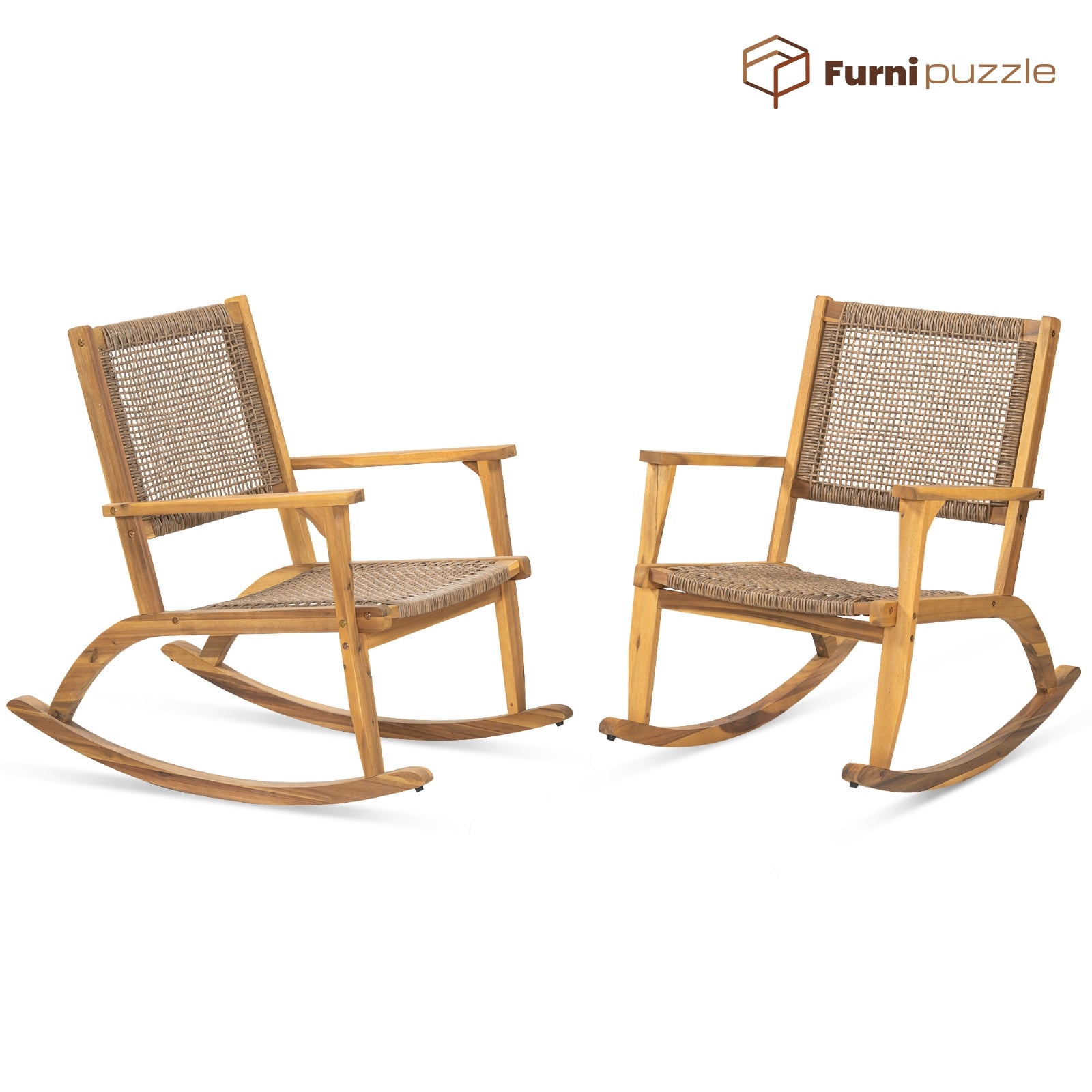 Furnipuzzle Patio Rocking Chair Set of 2 with Wicker Rattan Seat & Backrest