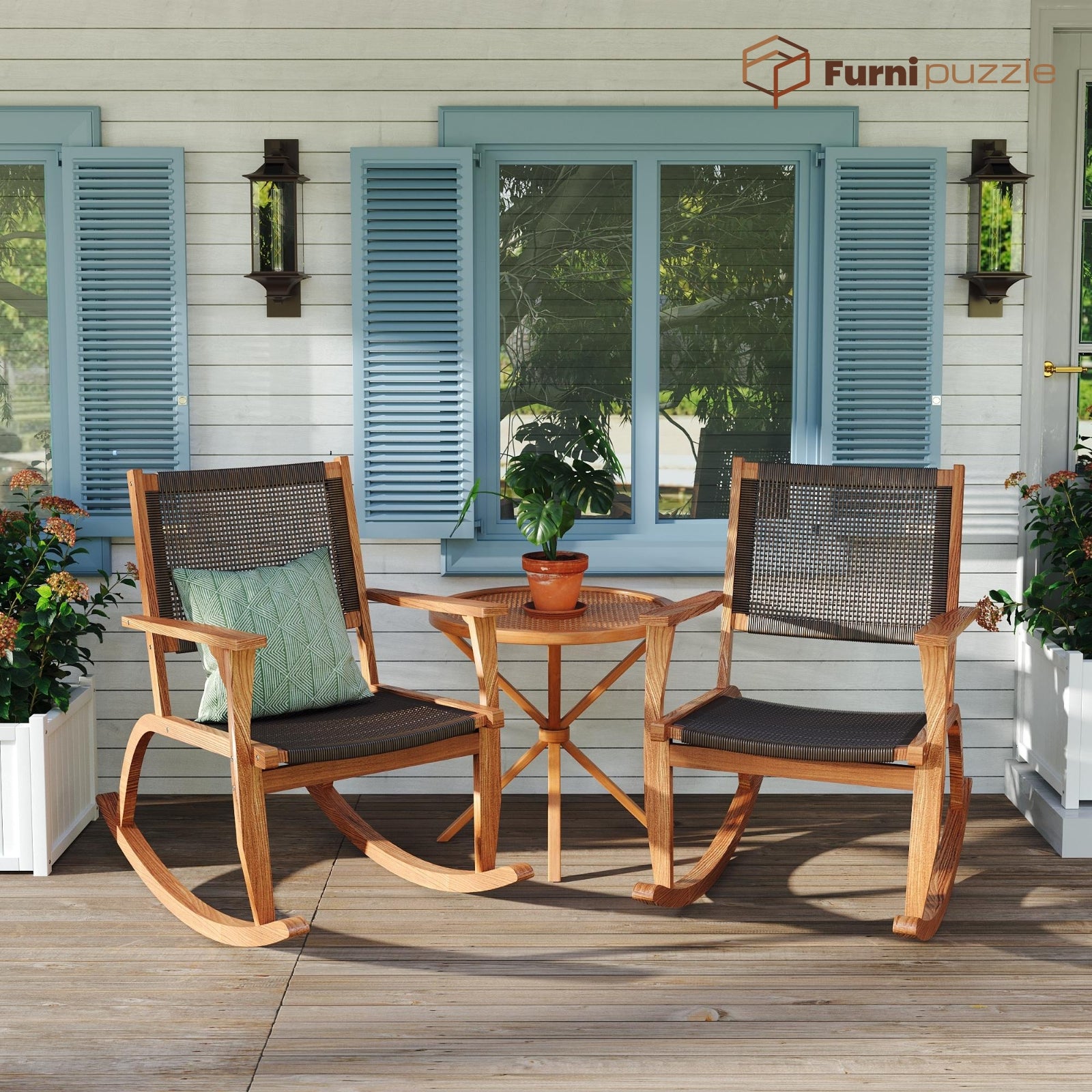 Furnipuzzle Patio Rocking Chair Set of 2 with Wicker Rattan Seat & Backrest