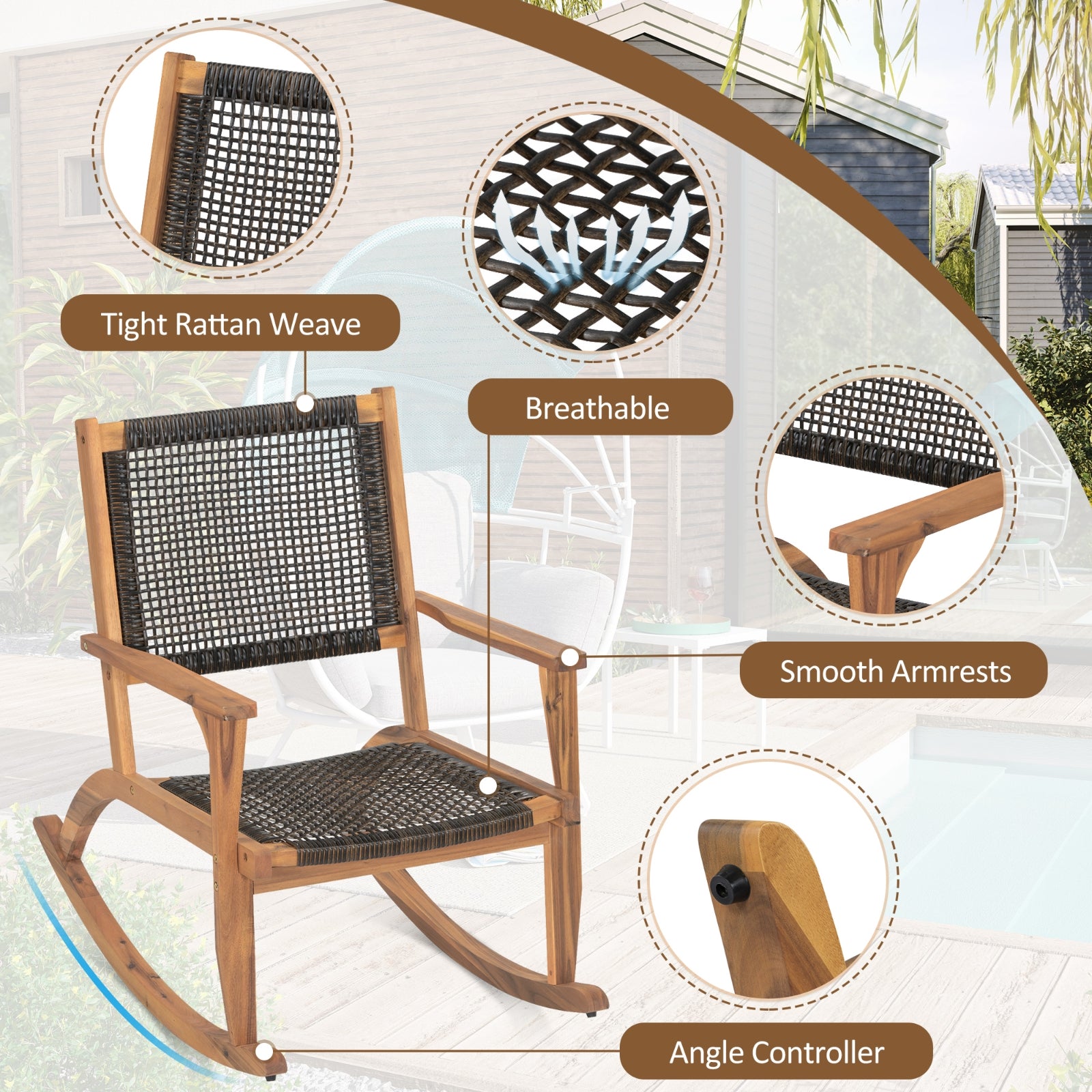 Furnipuzzle Patio Rocking Chair Set of 2 with Wicker Rattan Seat & Backrest