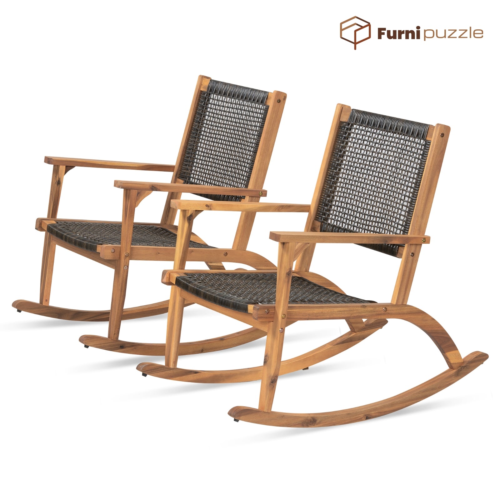 Furnipuzzle Patio Rocking Chair Set of 2 with Wicker Rattan Seat & Backrest
