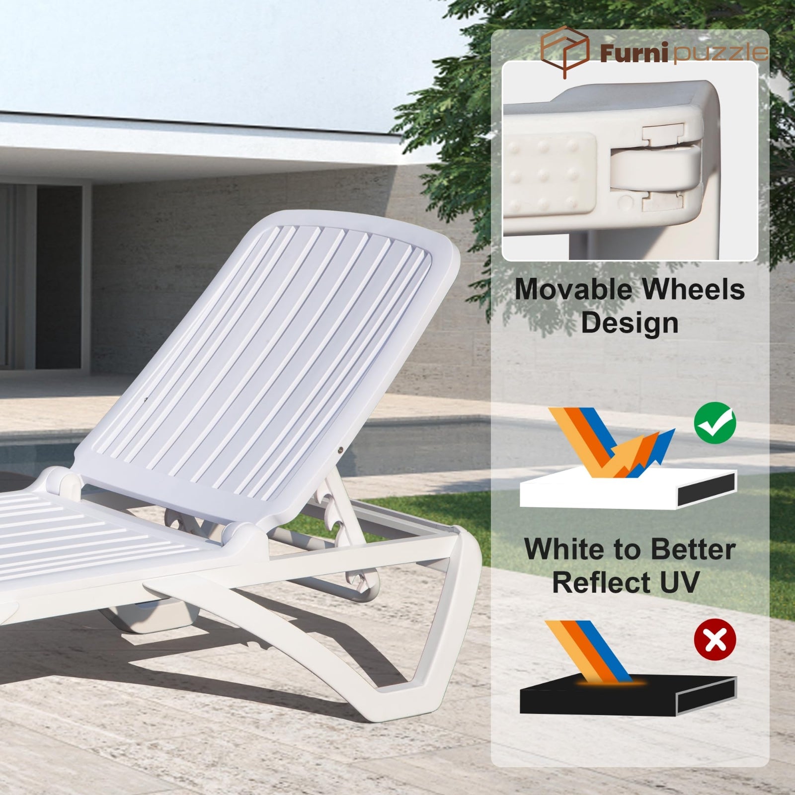 Furnipuzzle Outdoor Patio Chaise Lounge Chair for Beach Deck Lawn Poolside
