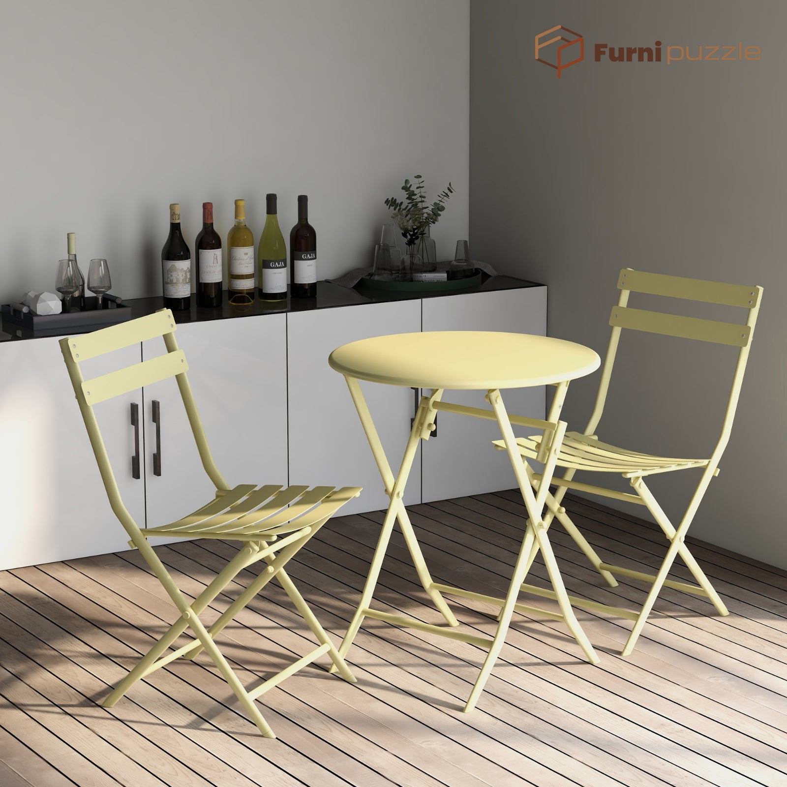 Furnipuzzle Garden Patio Foldable Round Table 3 Piece Set of Foldable Patio Table and Chairs