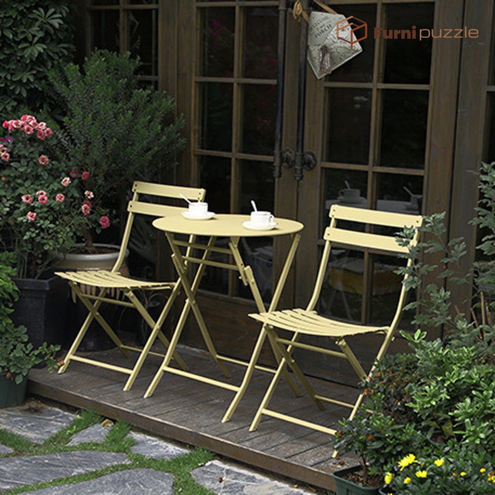 Furnipuzzle Garden Patio Foldable Round Table 3 Piece Set of Foldable Patio Table and Chairs