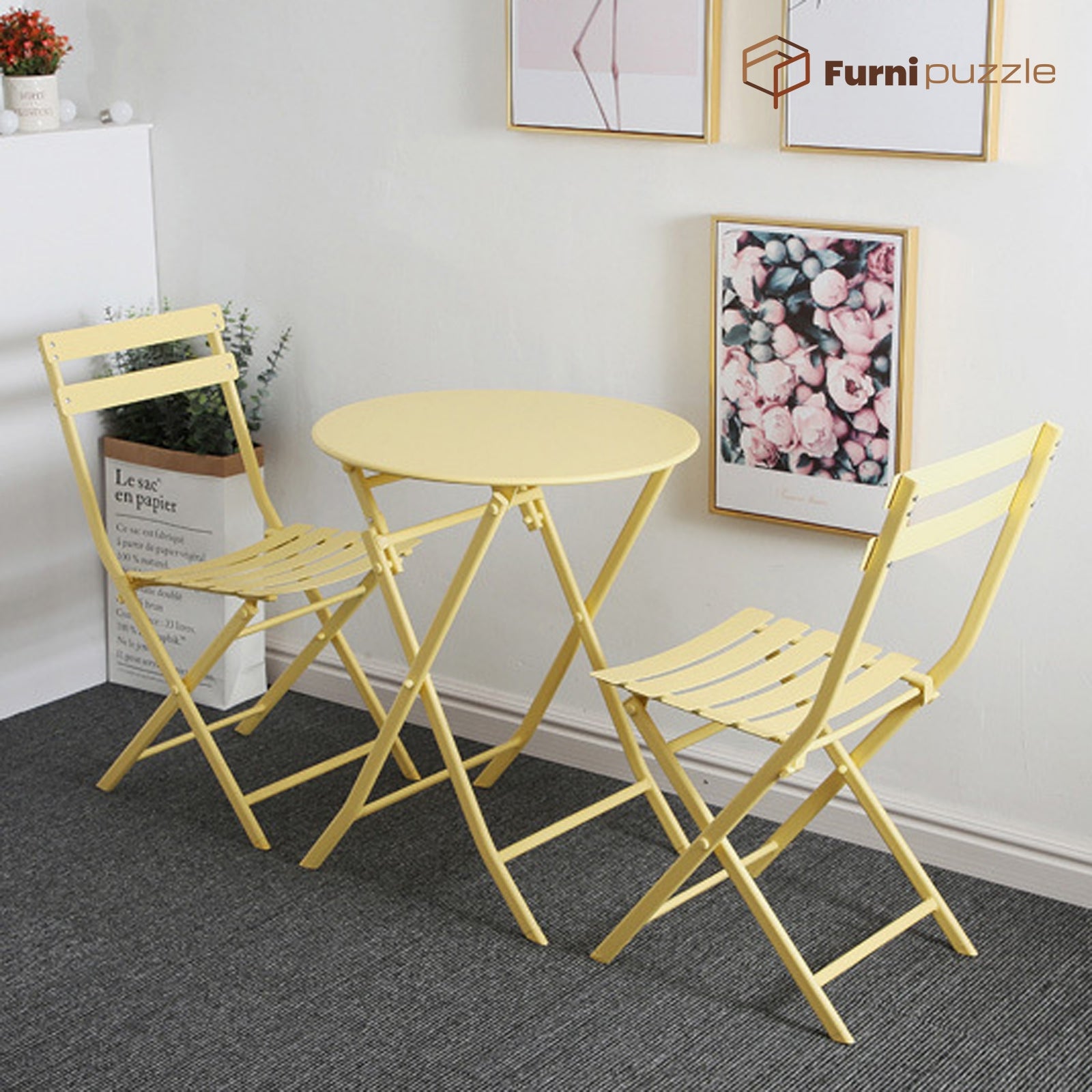 Furnipuzzle Garden Patio Foldable Round Table 3 Piece Set of Foldable Patio Table and Chairs
