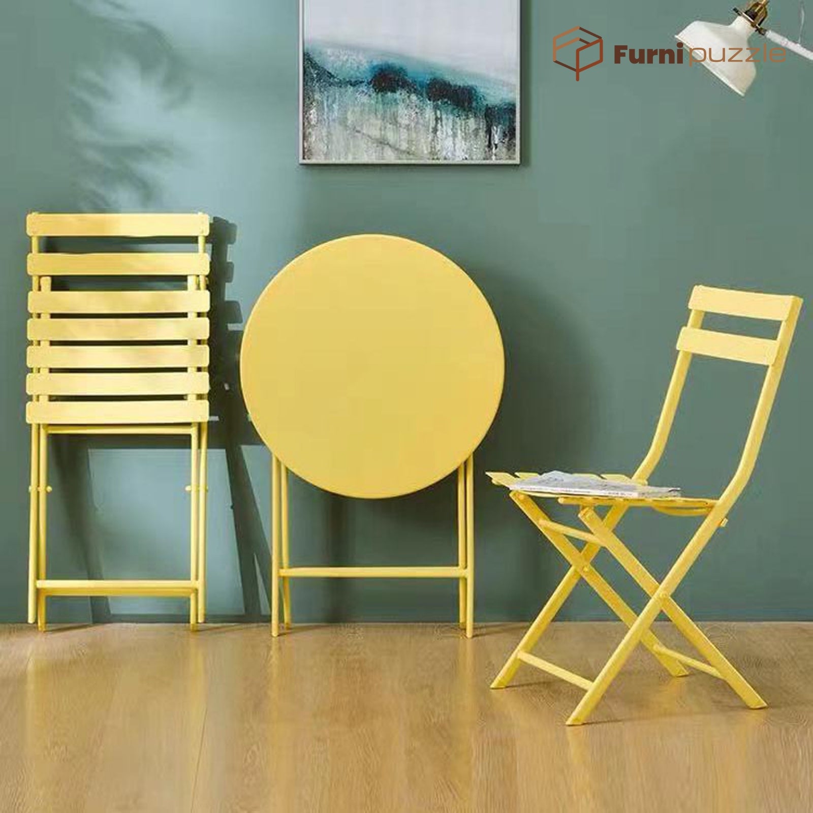 Furnipuzzle Garden Patio Foldable Round Table 3 Piece Set of Foldable Patio Table and Chairs
