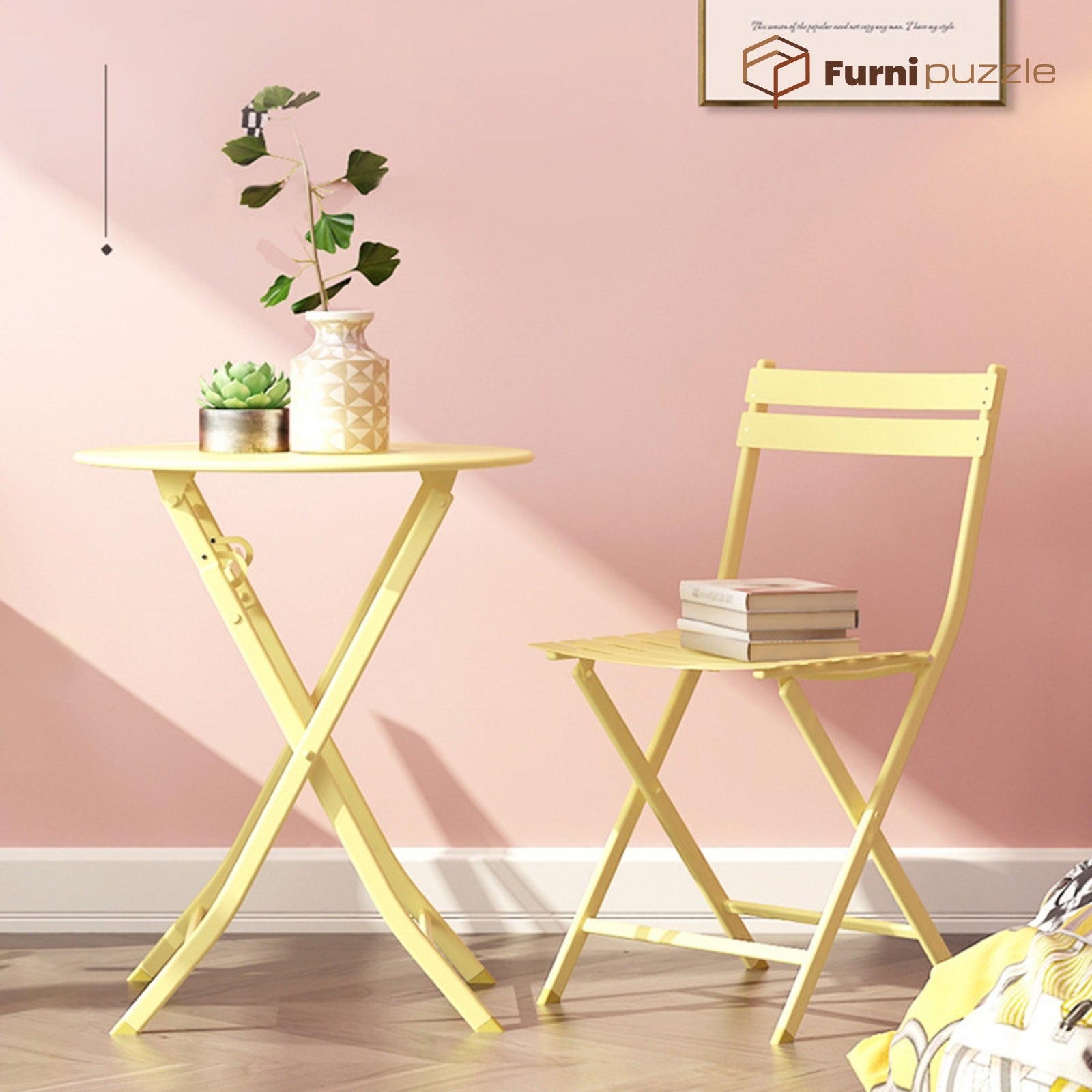 Furnipuzzle Garden Patio Foldable Round Table 3 Piece Set of Foldable Patio Table and Chairs