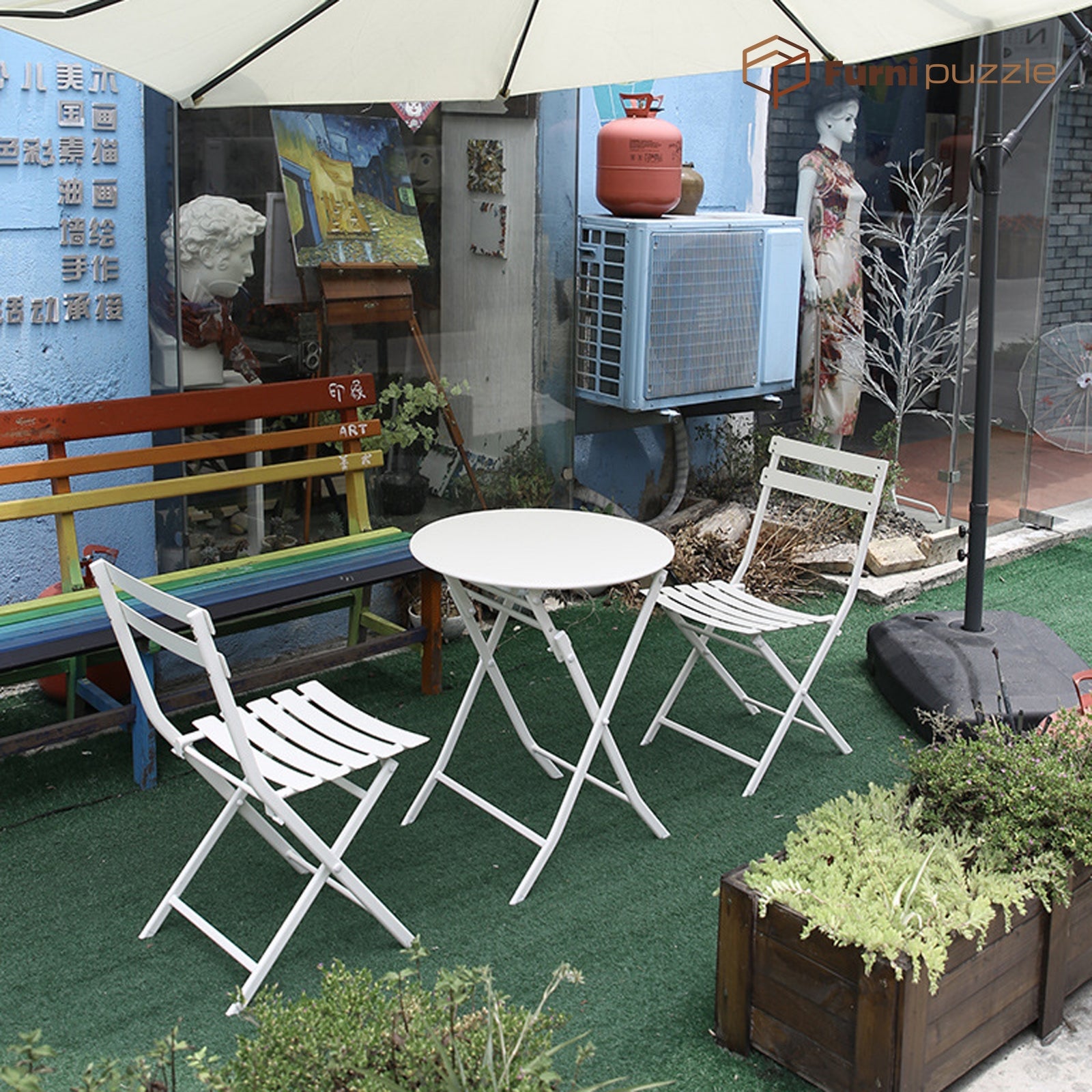 Furnipuzzle Garden Patio Foldable Round Table 3 Piece Set of Foldable Patio Table and Chairs