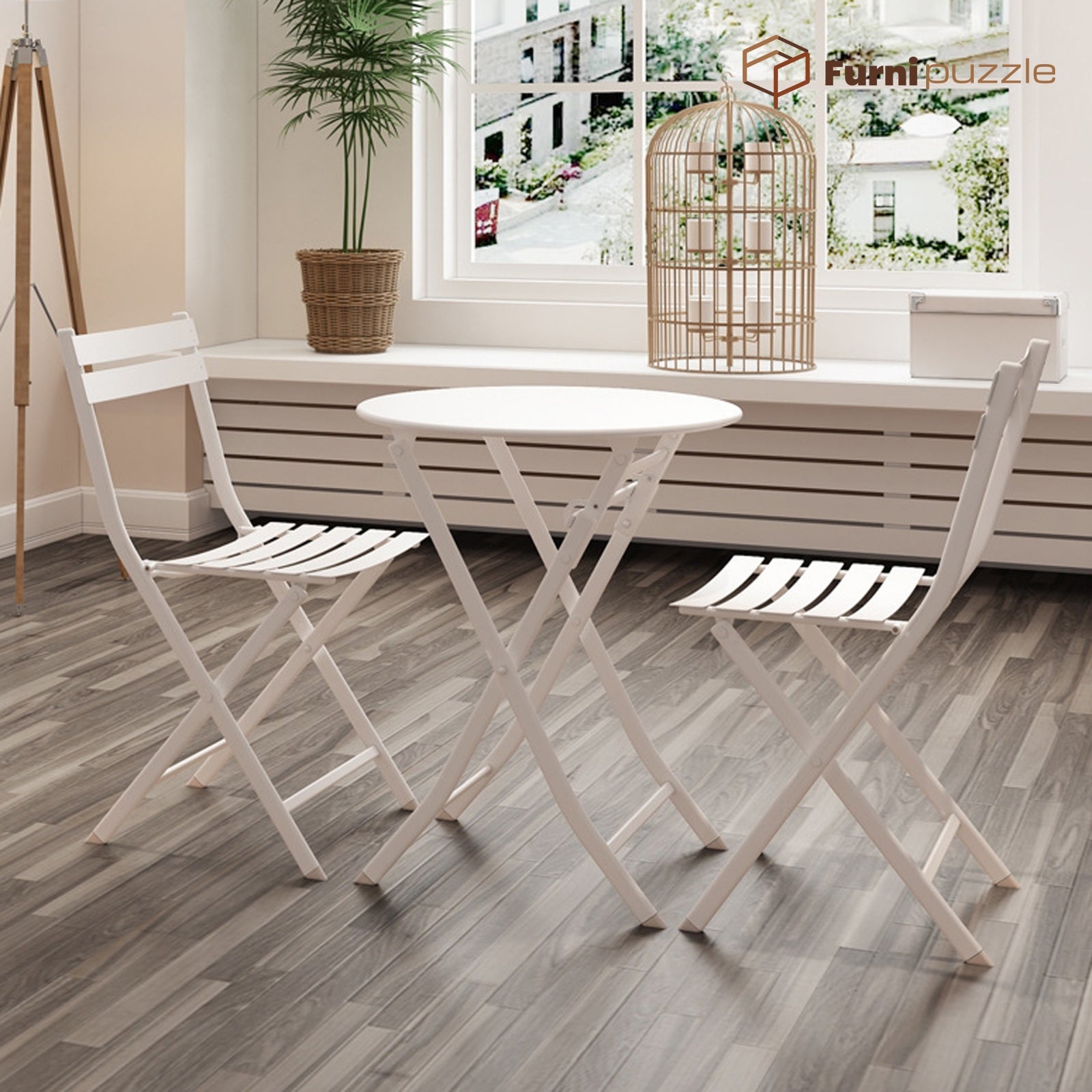 Furnipuzzle Garden Patio Foldable Round Table 3 Piece Set of Foldable Patio Table and Chairs