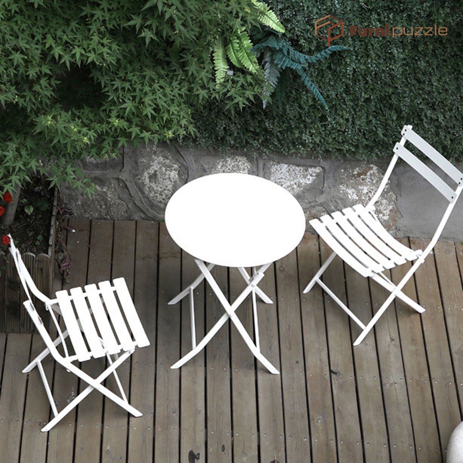 Furnipuzzle Garden Patio Foldable Round Table 3 Piece Set of Foldable Patio Table and Chairs