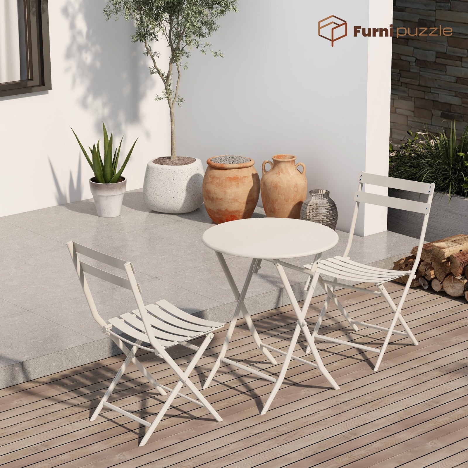 Furnipuzzle Garden Patio Foldable Round Table 3 Piece Set of Foldable Patio Table and Chairs