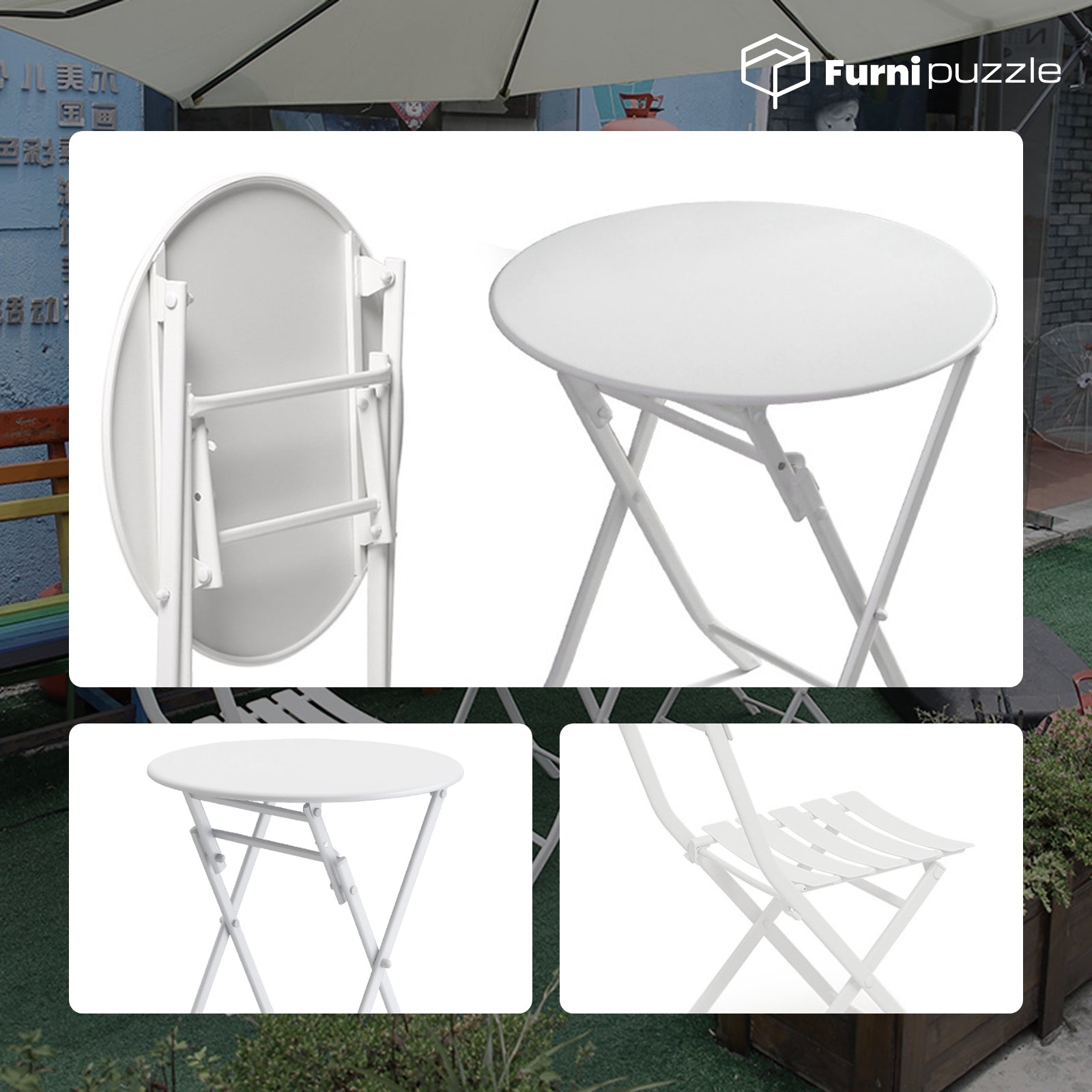 Furnipuzzle Garden Patio Foldable Round Table 3 Piece Set of Foldable Patio Table and Chairs