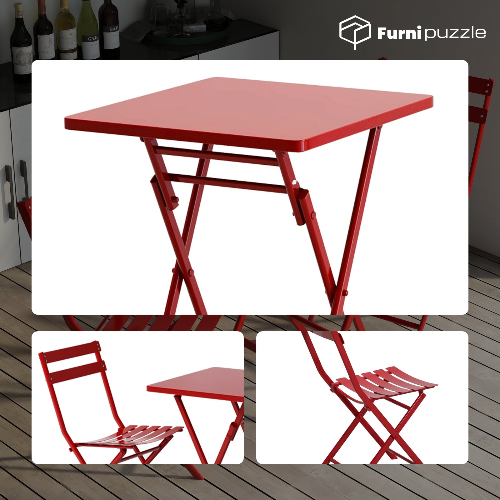 Furnipuzzle Garden Patio Foldable Round Table 3 Piece Set of Foldable Patio Table and Chairs