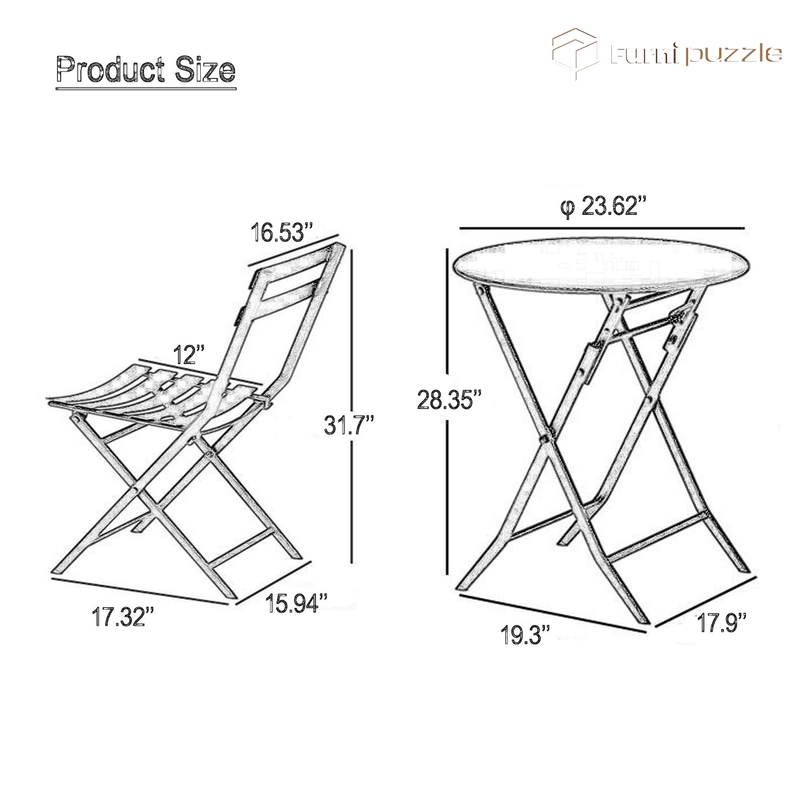 Furnipuzzle Garden Patio Foldable Round Table 3 Piece Set of Foldable Patio Table and Chairs