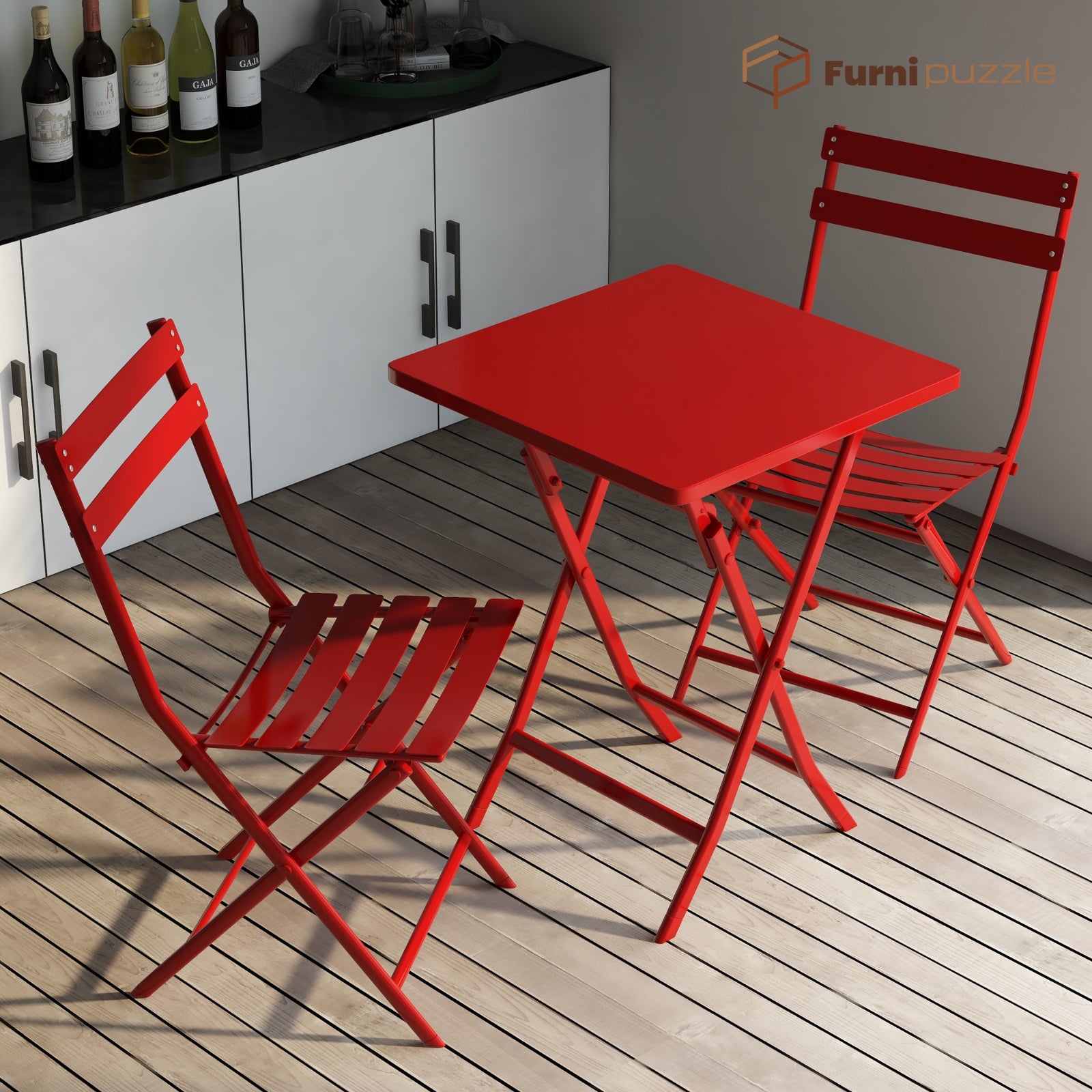 Furnipuzzle Garden Patio Foldable Round Table 3 Piece Set of Foldable Patio Table and Chairs
