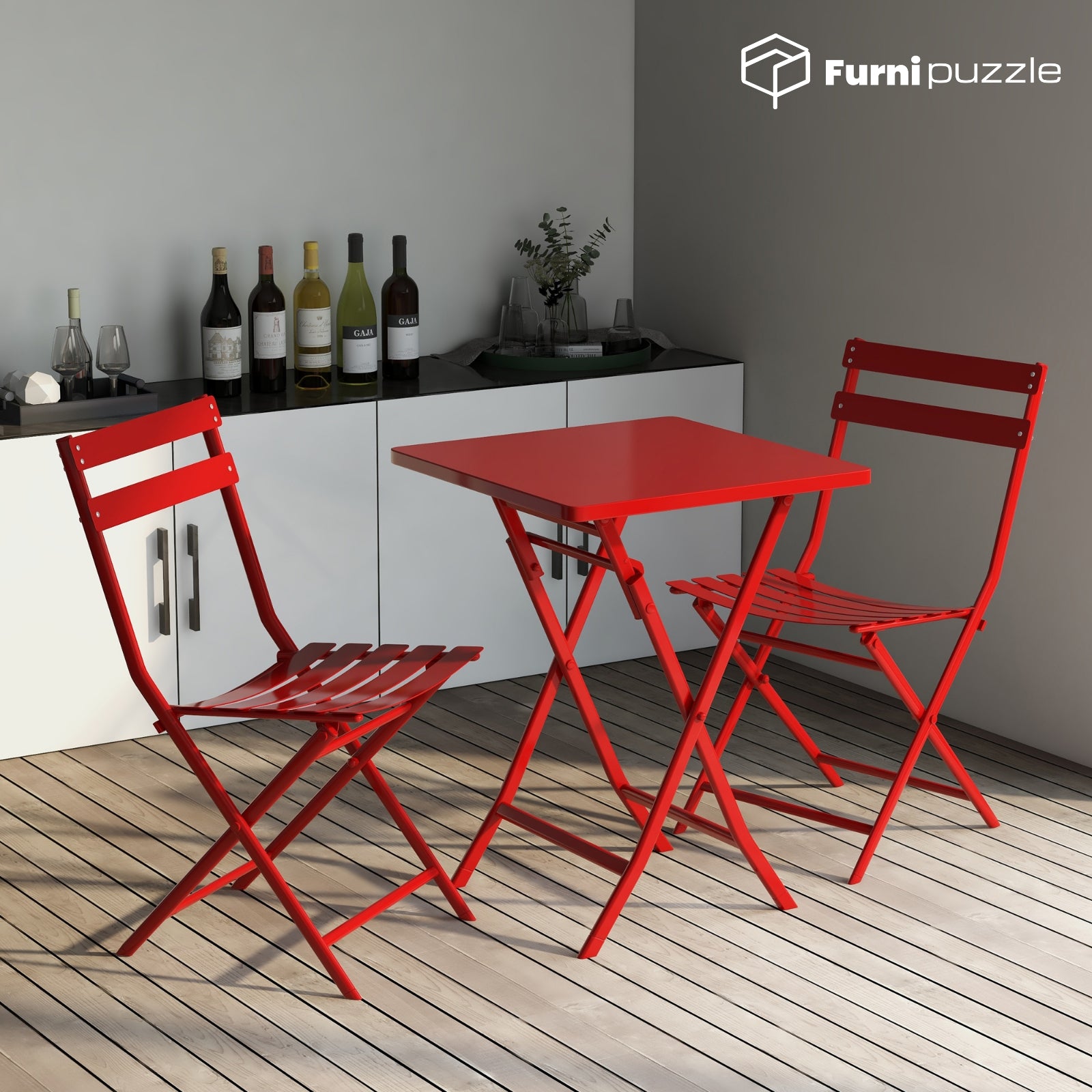 Furnipuzzle Garden Patio Foldable Round Table 3 Piece Set of Foldable Patio Table and Chairs
