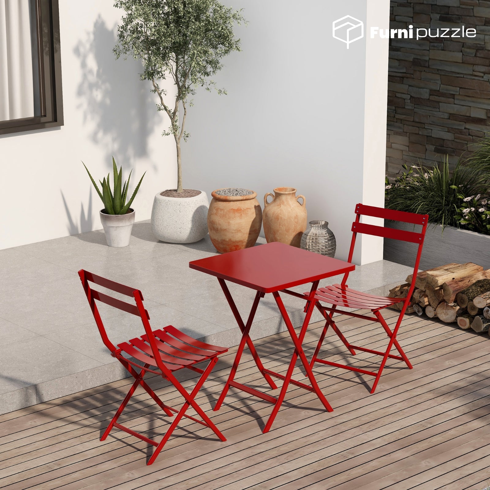 Furnipuzzle Garden Patio Foldable Round Table 3 Piece Set of Foldable Patio Table and Chairs