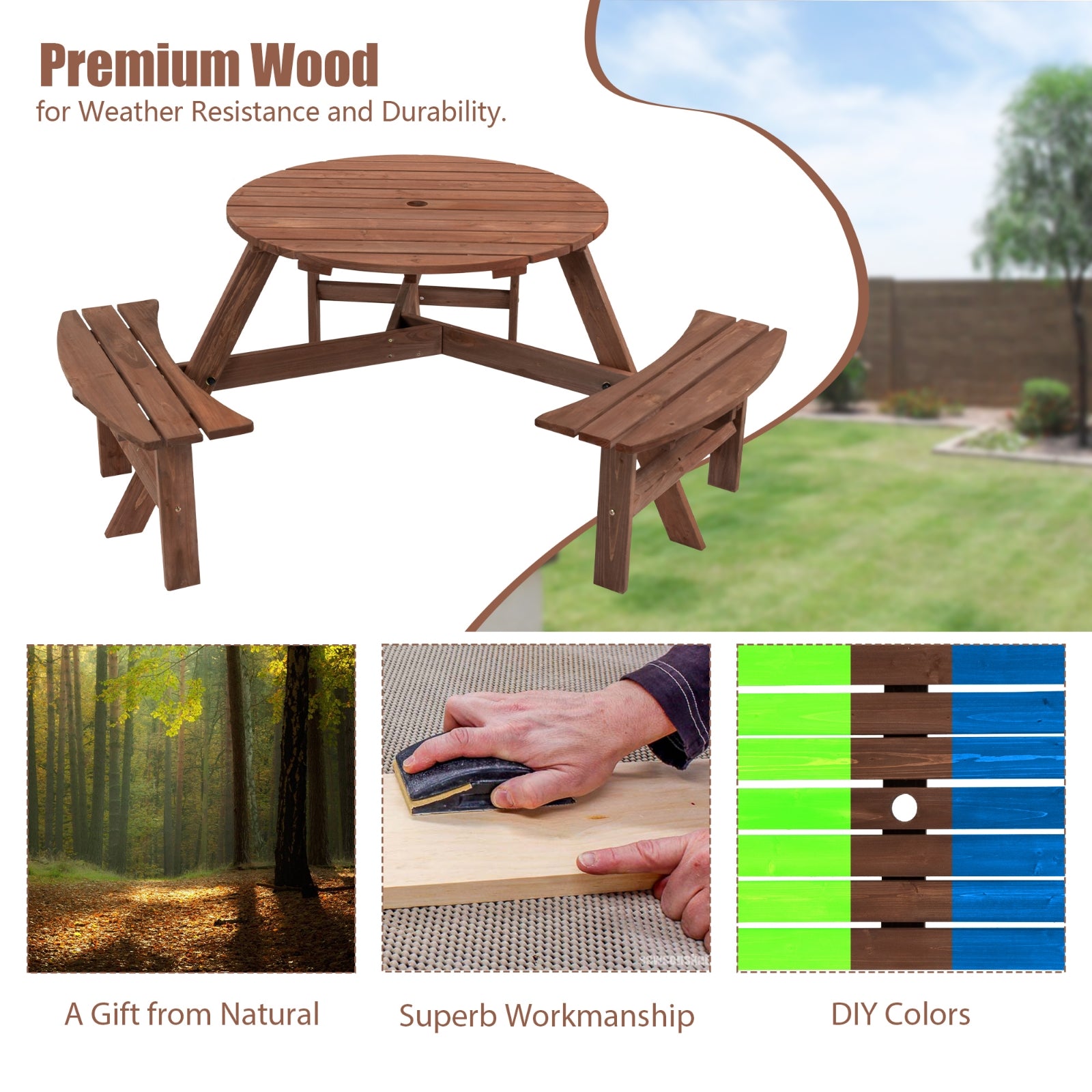 Furnipuzzle 6-Person Wooden Picnic Table Outdoor Camping Dining Round Table Set