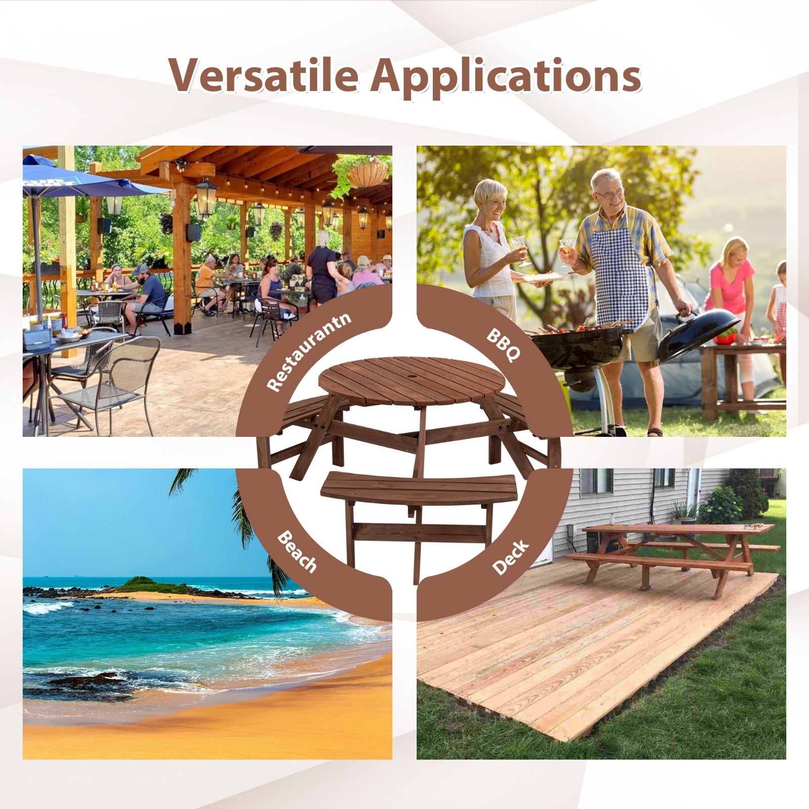 Furnipuzzle 6-Person Wooden Picnic Table Outdoor Camping Dining Round Table Set