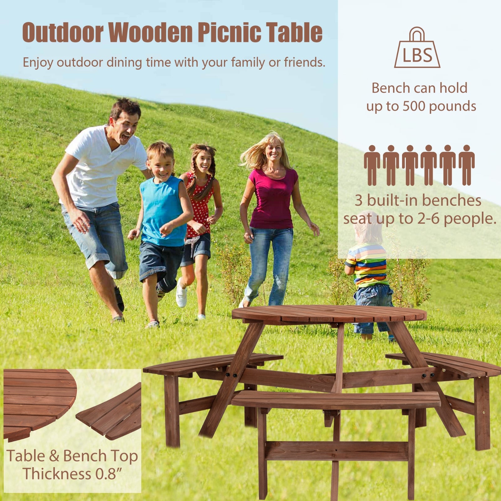 Furnipuzzle 6-Person Wooden Picnic Table Outdoor Camping Dining Round Table Set