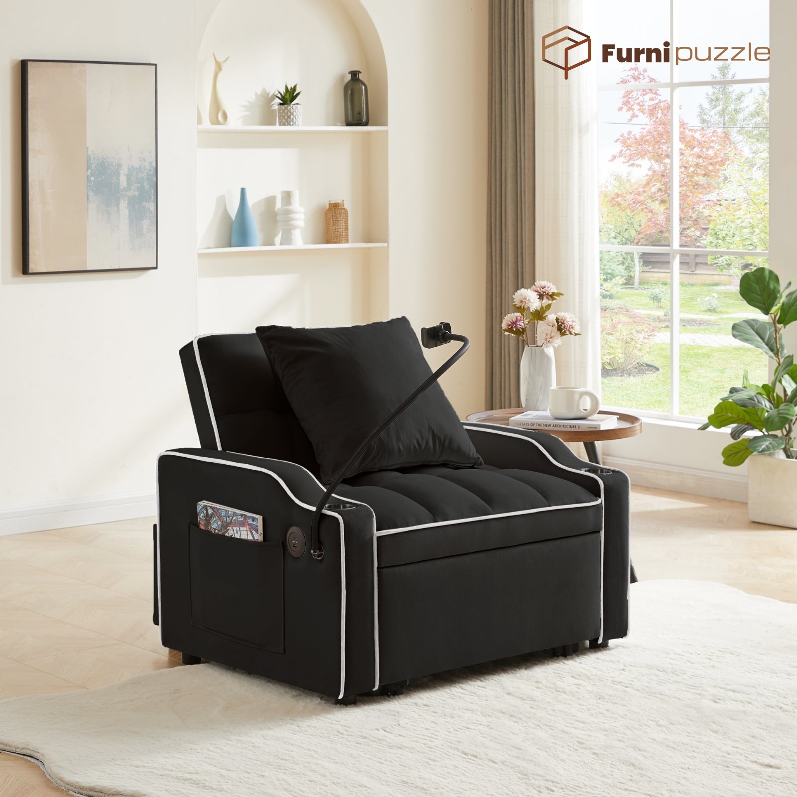 Furnipuzzle 3 in 1 Velvet Single Sofa Bed Sleeper Convertible Sofa with USB Port