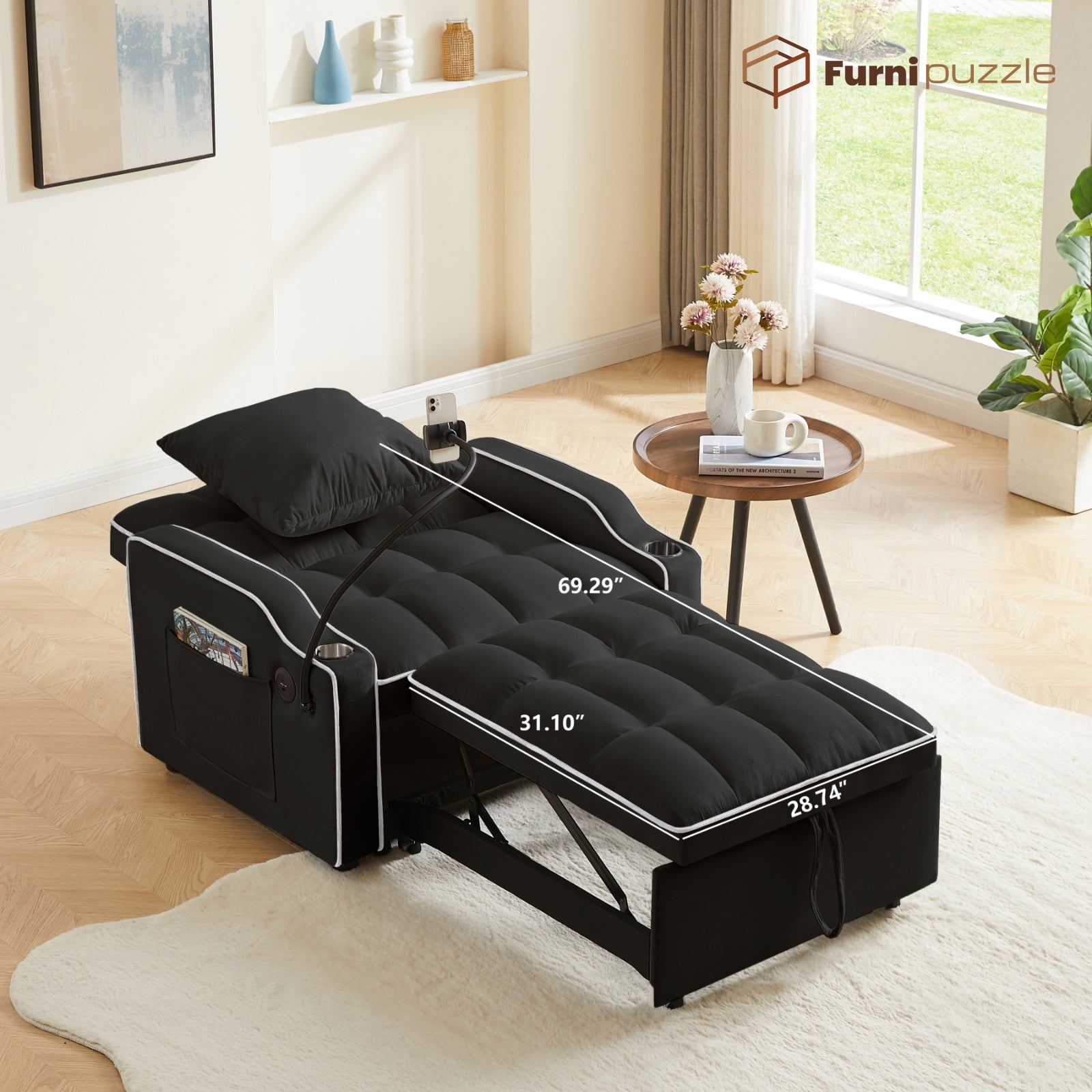 Furnipuzzle 3 in 1 Velvet Single Sofa Bed Sleeper Convertible Sofa with USB Port
