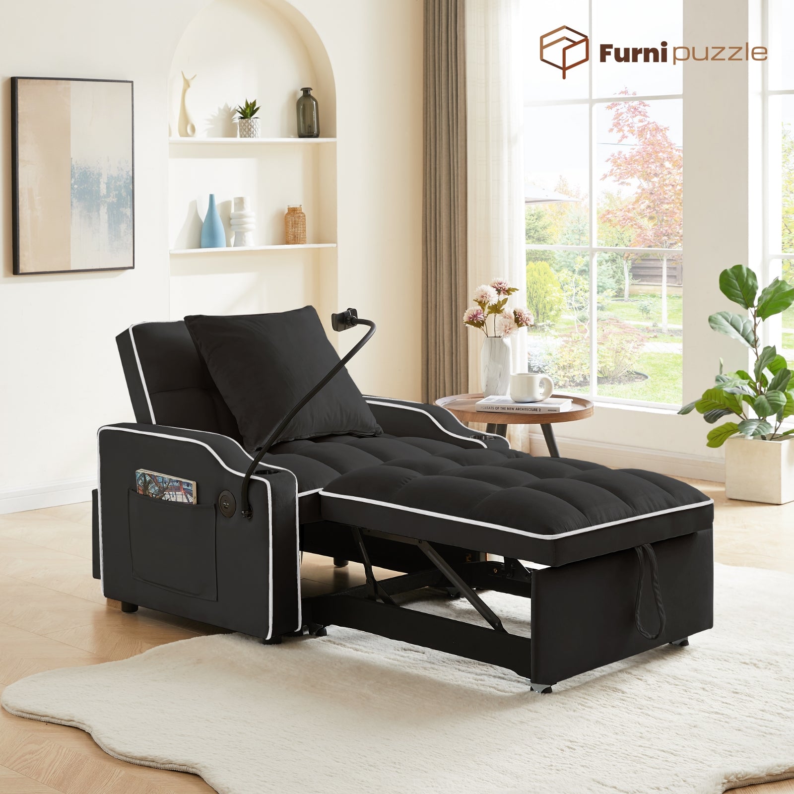Furnipuzzle 3 in 1 Velvet Single Sofa Bed Sleeper Convertible Sofa with USB Port