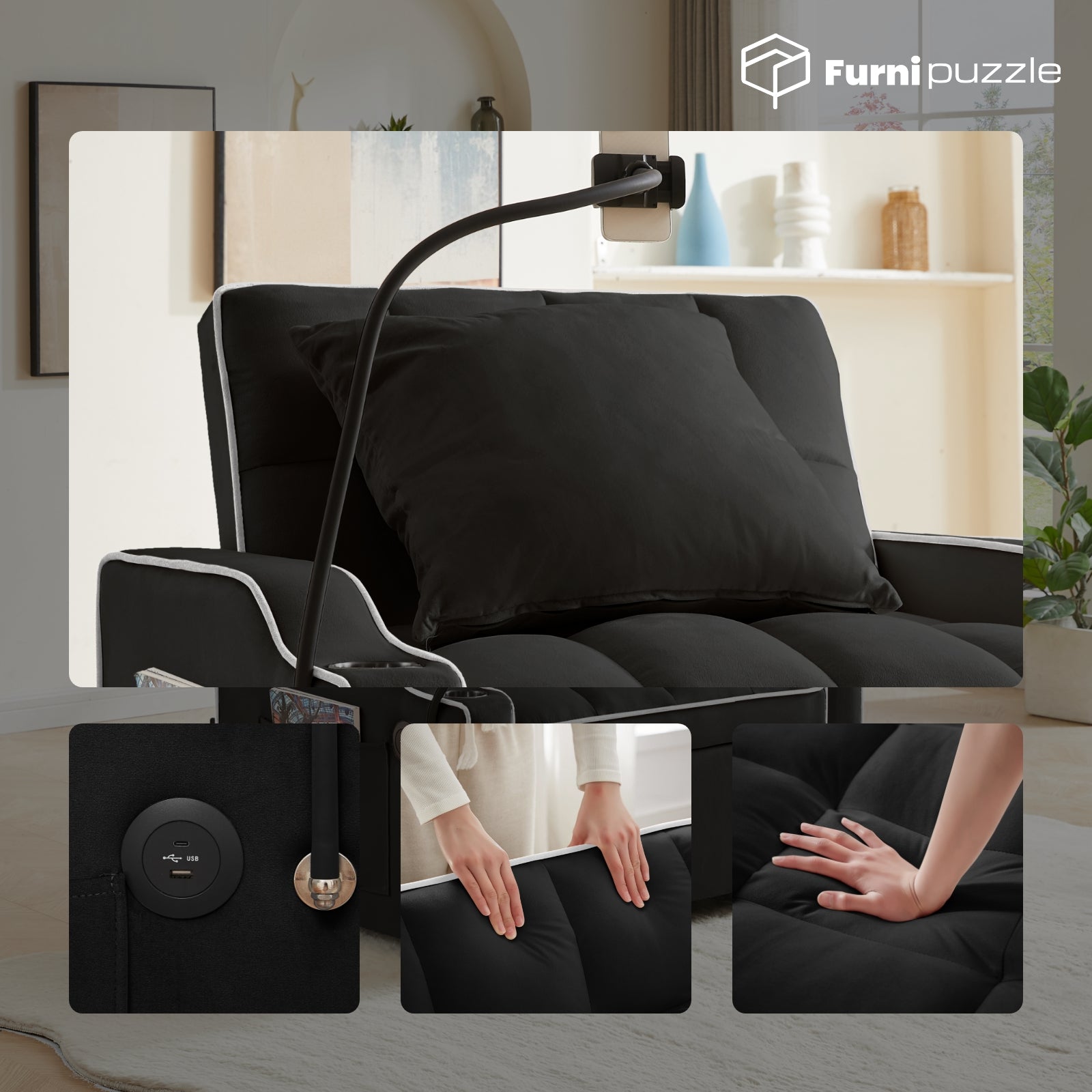 Furnipuzzle 3 in 1 Velvet Single Sofa Bed Sleeper Convertible Sofa with USB Port