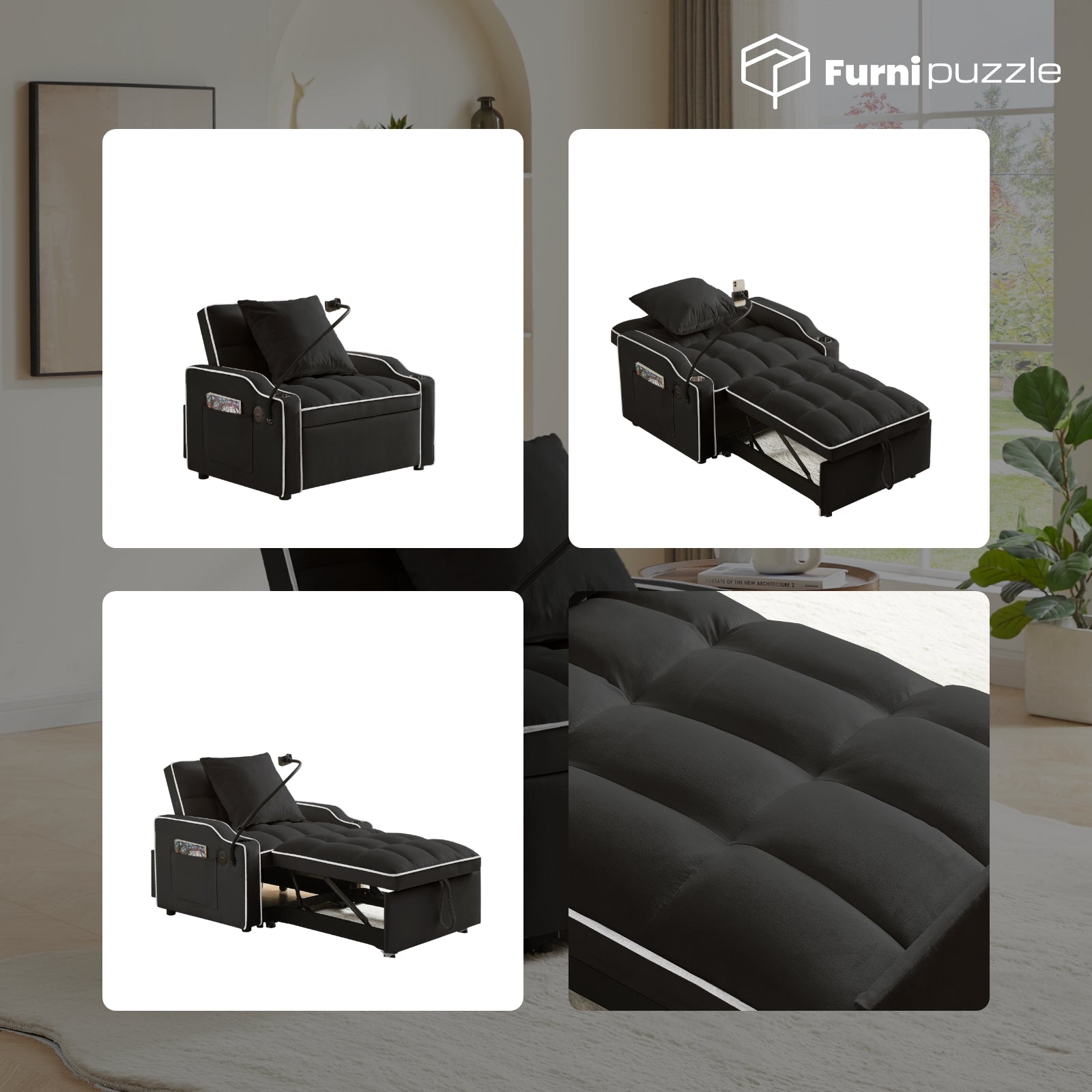 Furnipuzzle 3 in 1 Velvet Single Sofa Bed Sleeper Convertible Sofa with USB Port
