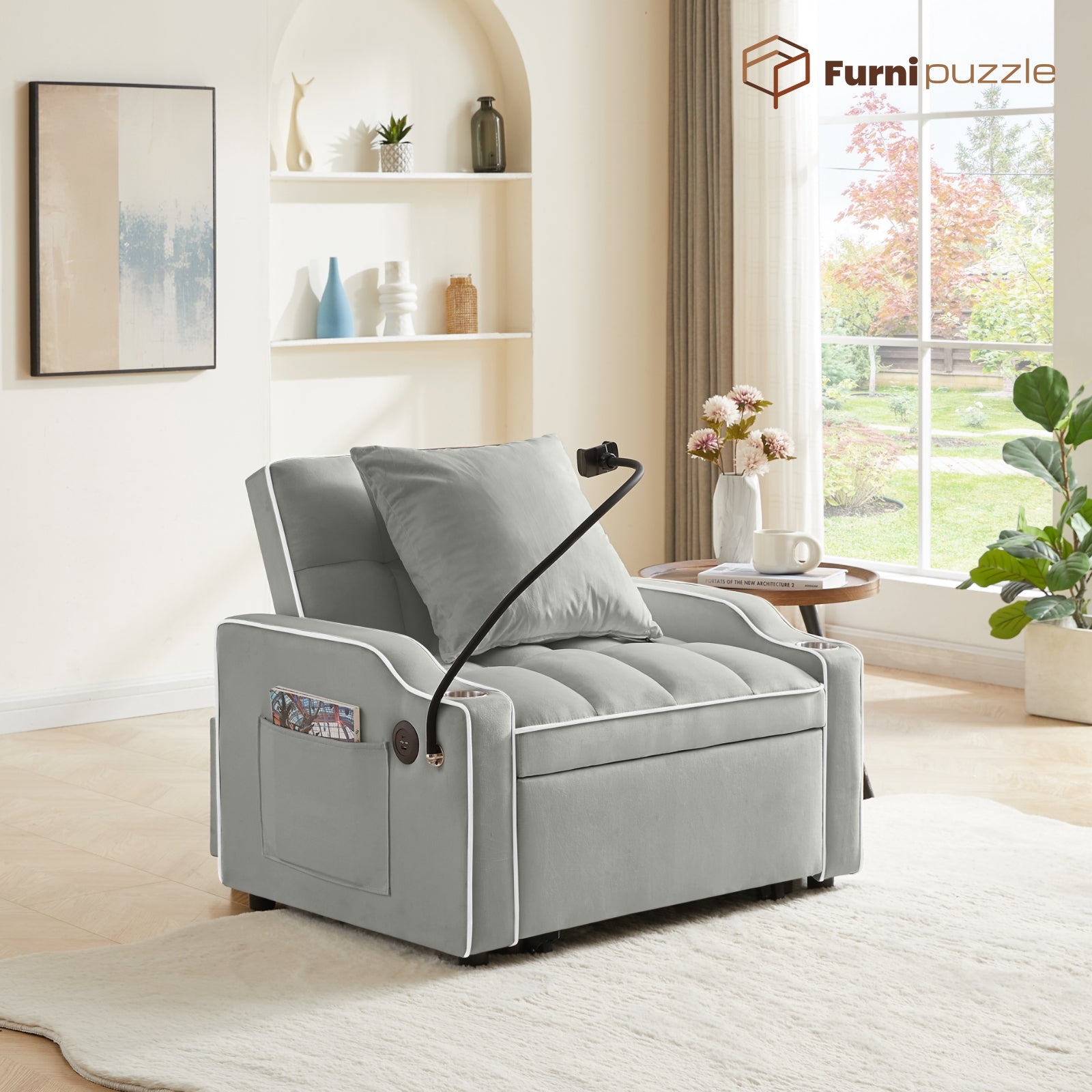 Furnipuzzle 3 in 1 Velvet Single Sofa Bed Sleeper Convertible Sofa with USB Port