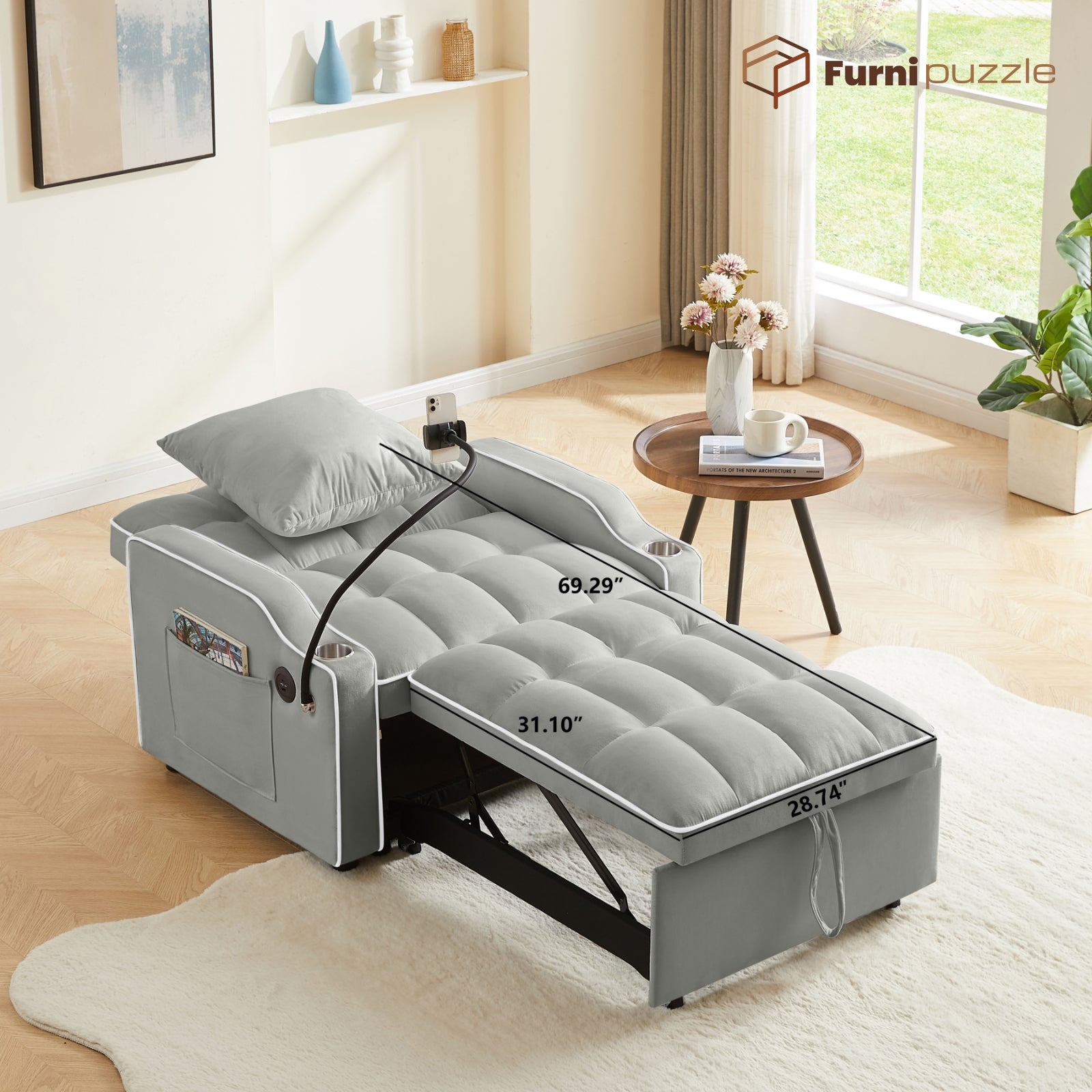 Furnipuzzle 3 in 1 Velvet Single Sofa Bed Sleeper Convertible Sofa with USB Port