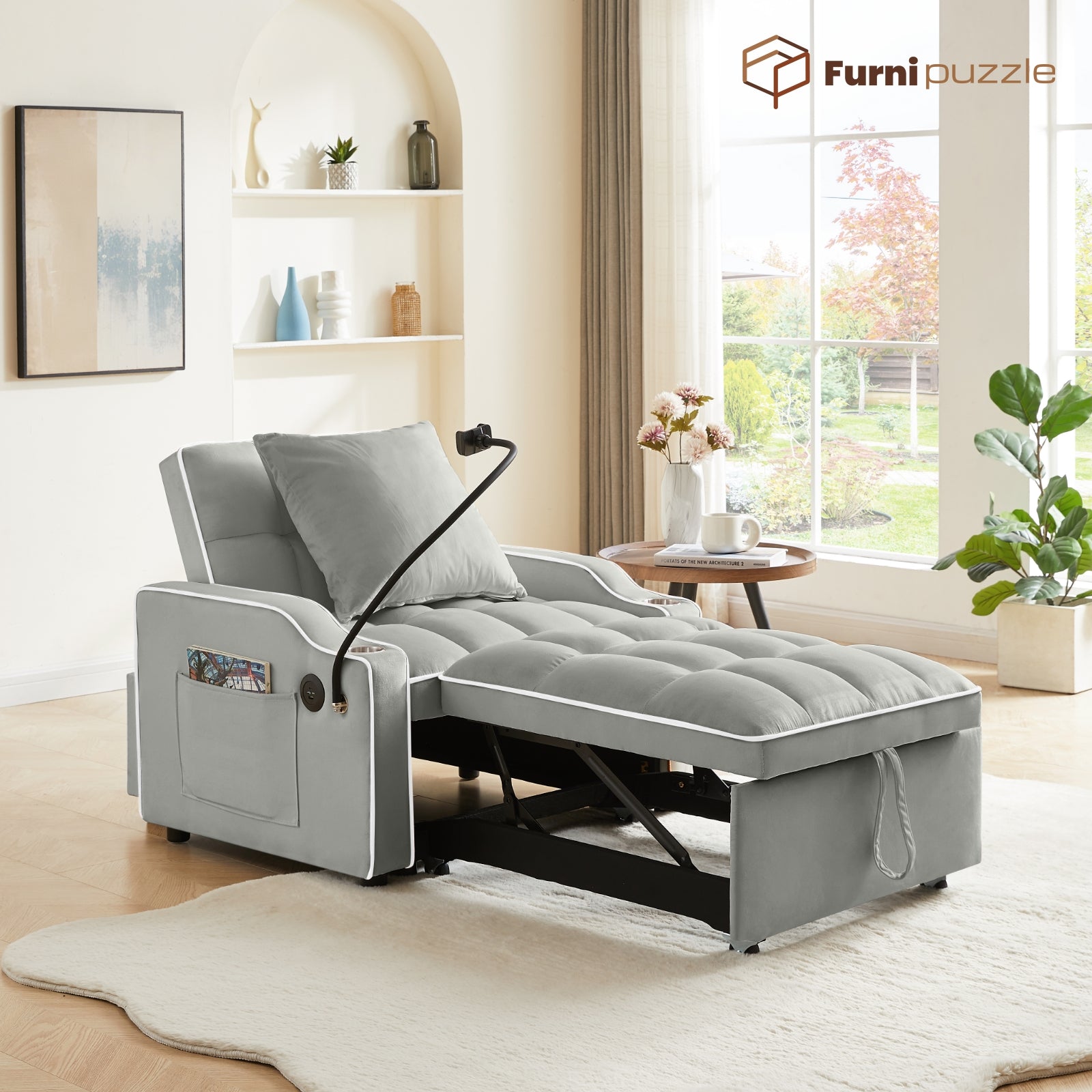 Furnipuzzle 3 in 1 Velvet Single Sofa Bed Sleeper Convertible Sofa with USB Port