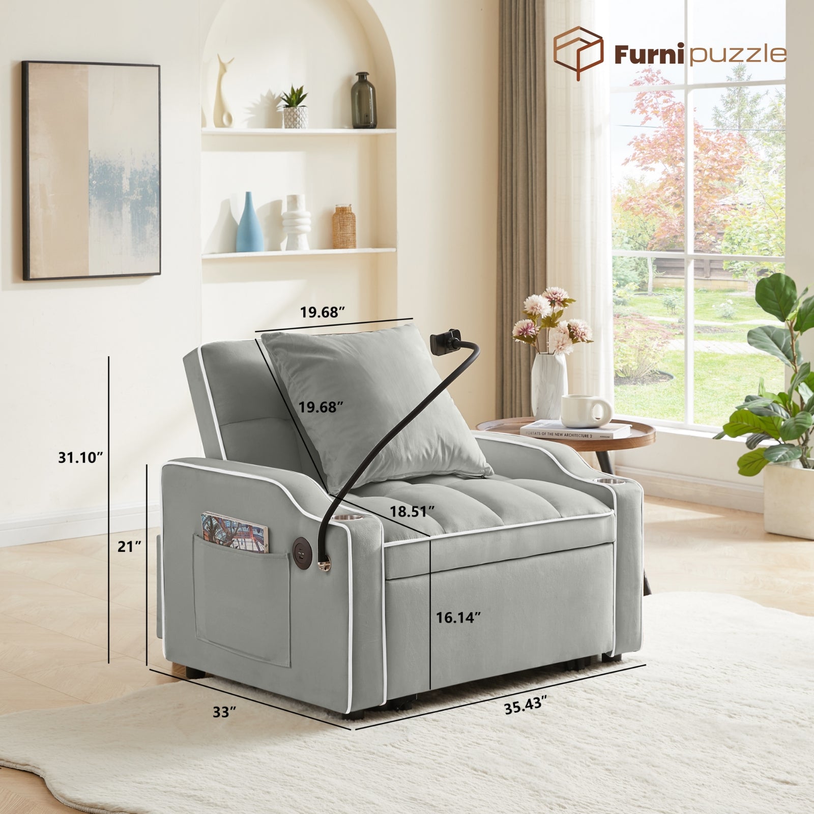 Furnipuzzle 3 in 1 Velvet Single Sofa Bed Sleeper Convertible Sofa with USB Port