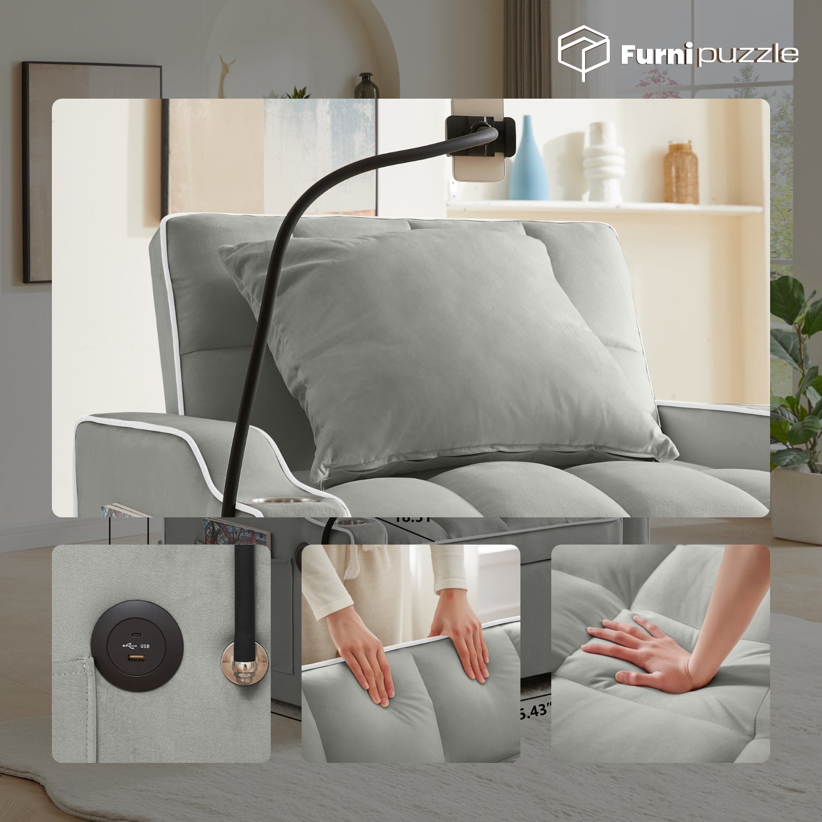 Furnipuzzle 3 in 1 Velvet Single Sofa Bed Sleeper Convertible Sofa with USB Port