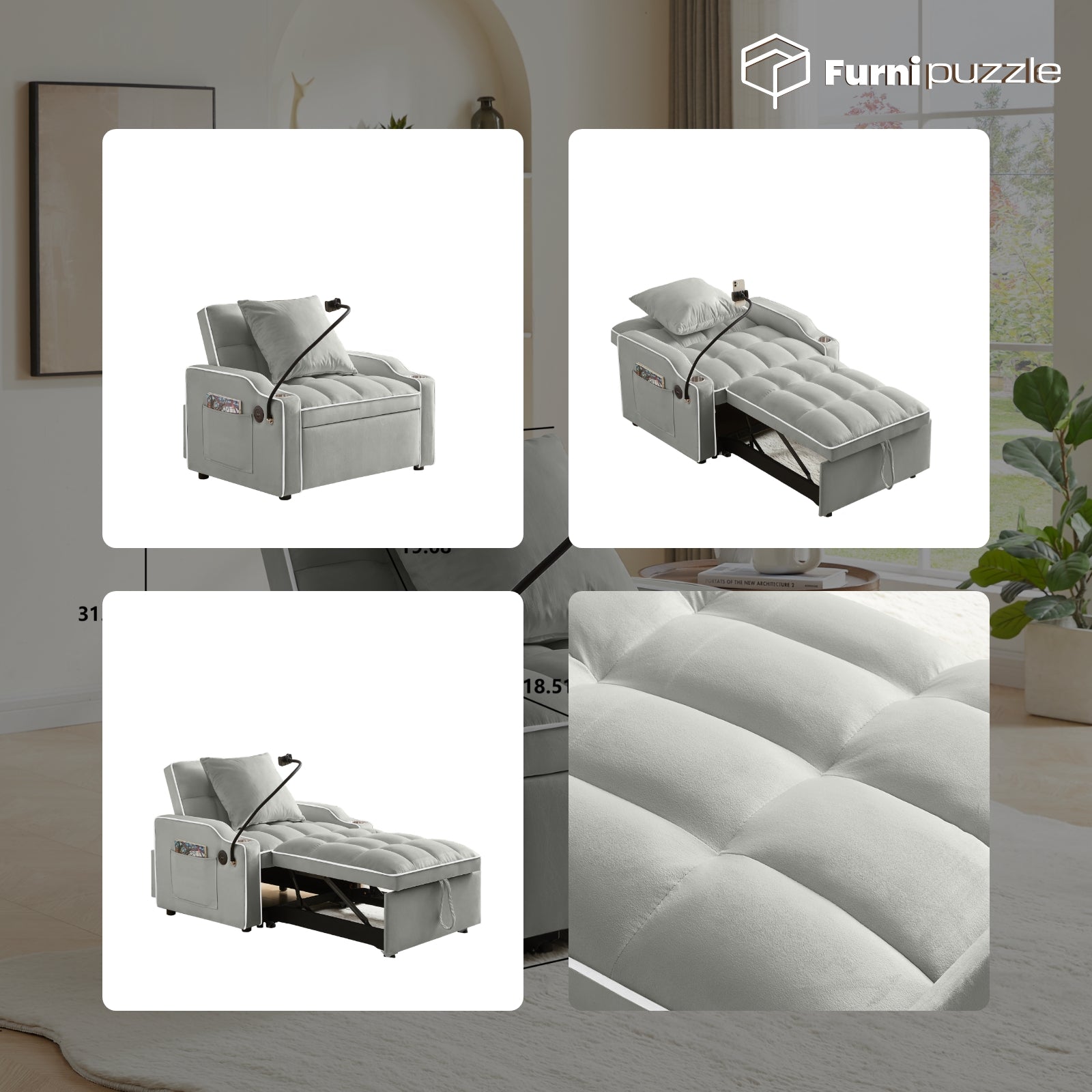 Furnipuzzle 3 in 1 Velvet Single Sofa Bed Sleeper Convertible Sofa with USB Port