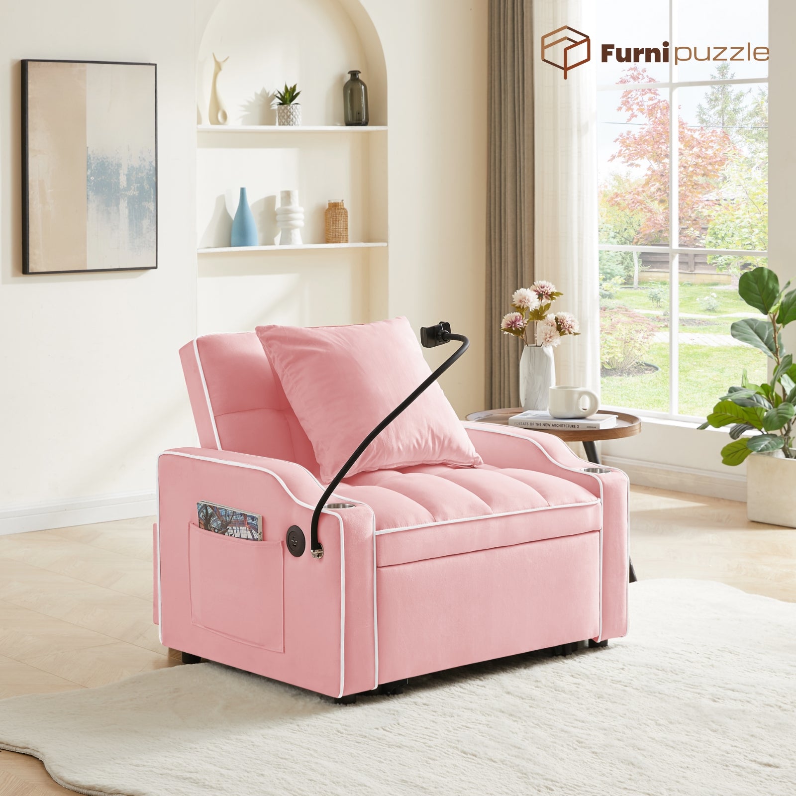 Furnipuzzle 3 in 1 Velvet Single Sofa Bed Sleeper Convertible Sofa with USB Port