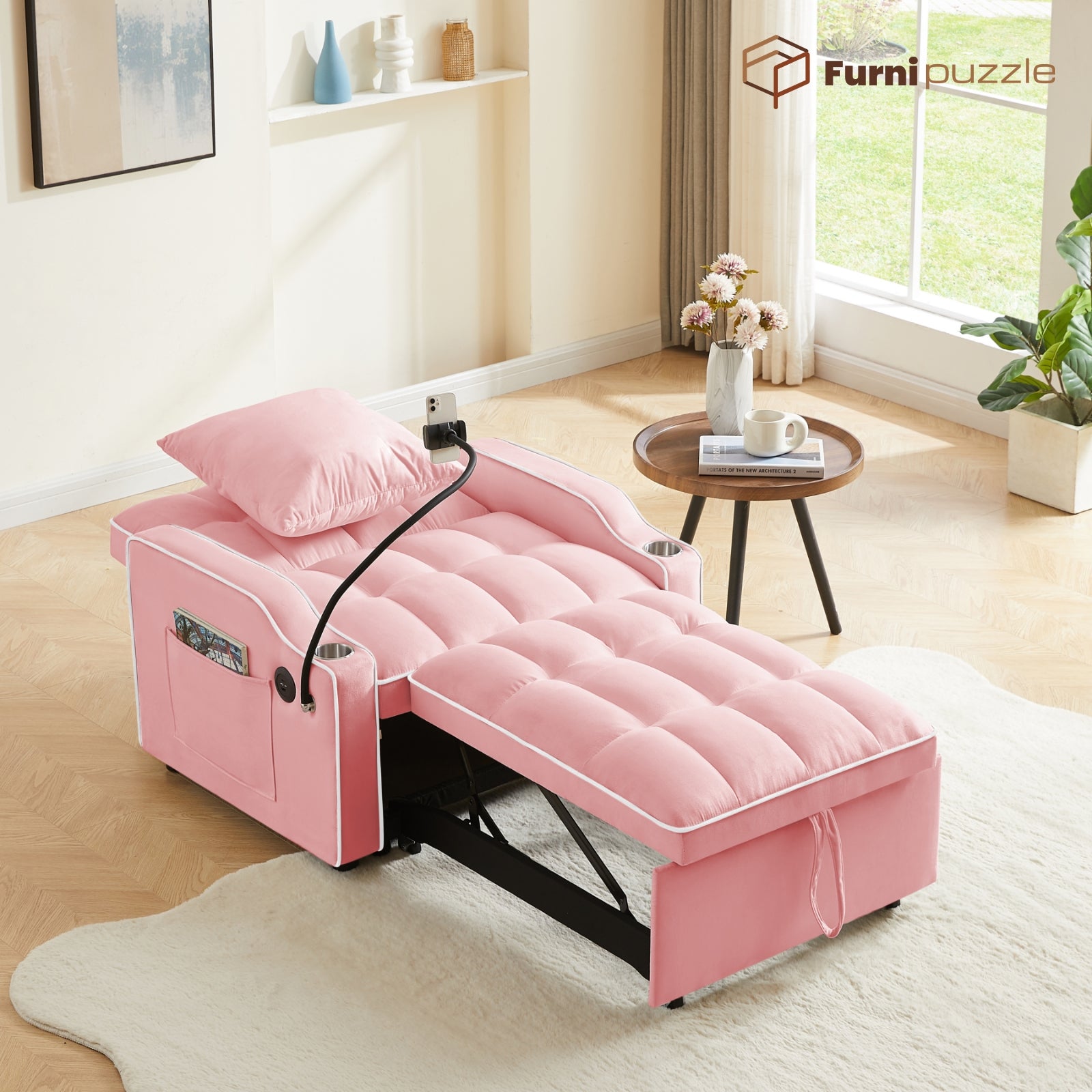 Furnipuzzle 3 in 1 Velvet Single Sofa Bed Sleeper Convertible Sofa with USB Port