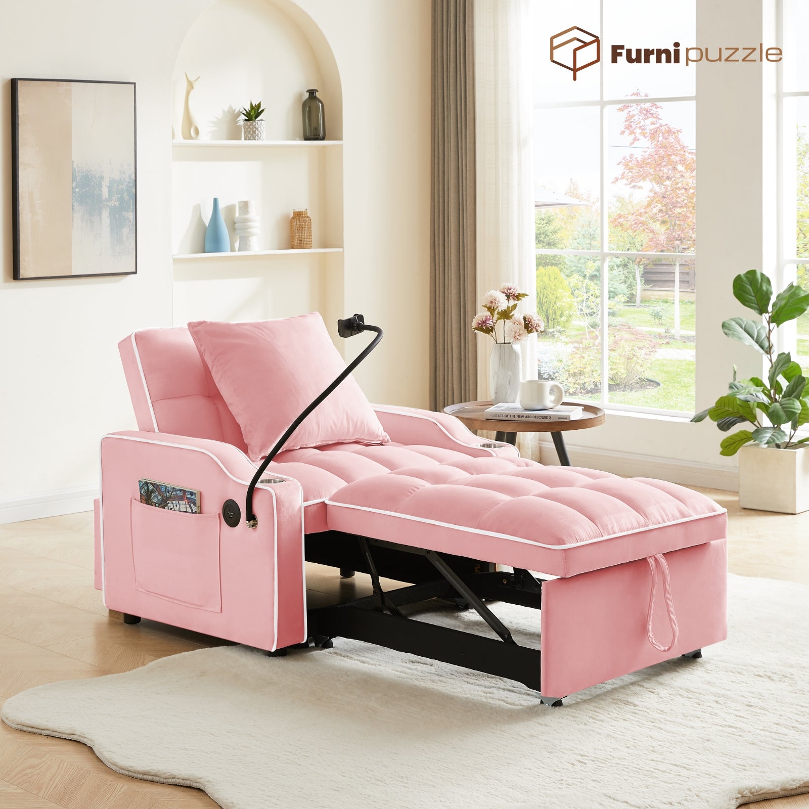 Furnipuzzle 3 in 1 Velvet Single Sofa Bed Sleeper Convertible Sofa with USB Port