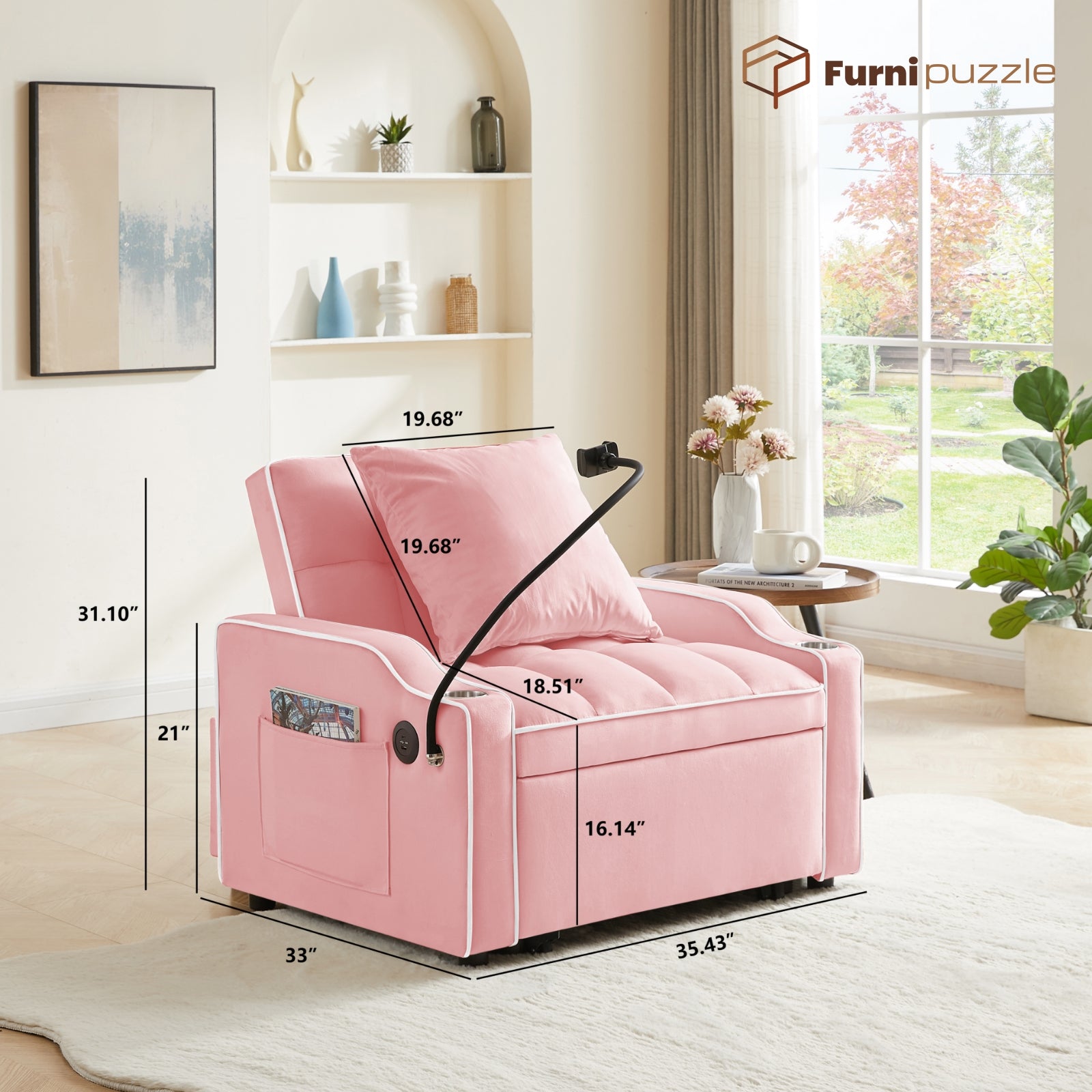 Furnipuzzle 3 in 1 Velvet Single Sofa Bed Sleeper Convertible Sofa with USB Port