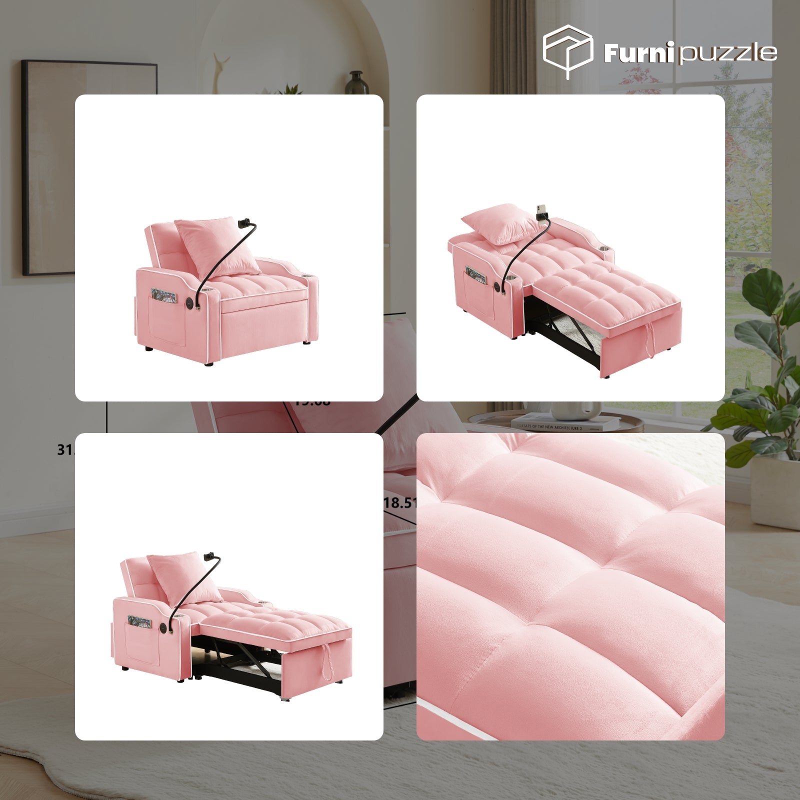 Furnipuzzle 3 in 1 Velvet Single Sofa Bed Sleeper Convertible Sofa with USB Port