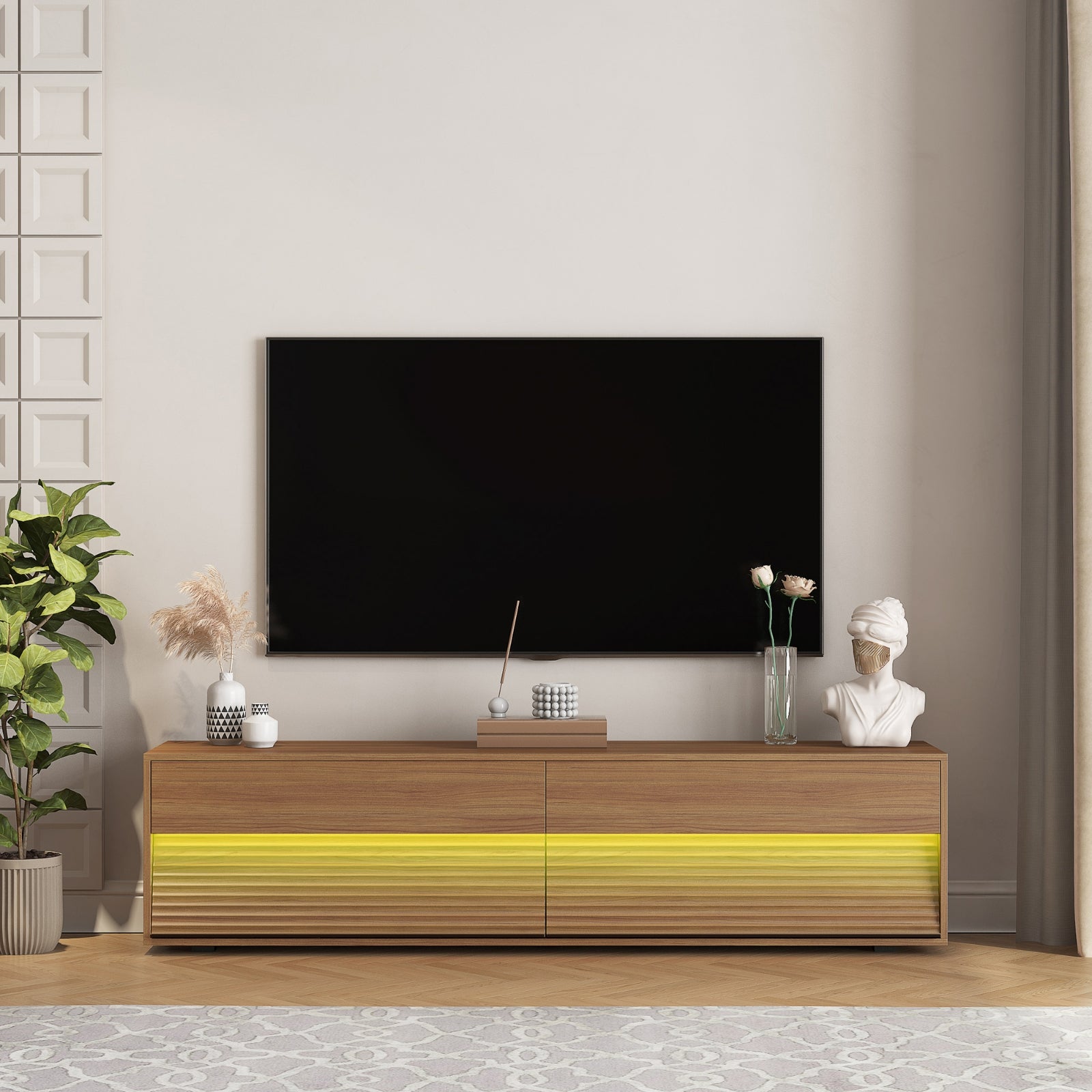 Furnipuzzle Rectangular Light Wood Pattern MDF TV Cabinet - Double Door Storage Design for Living Room Use