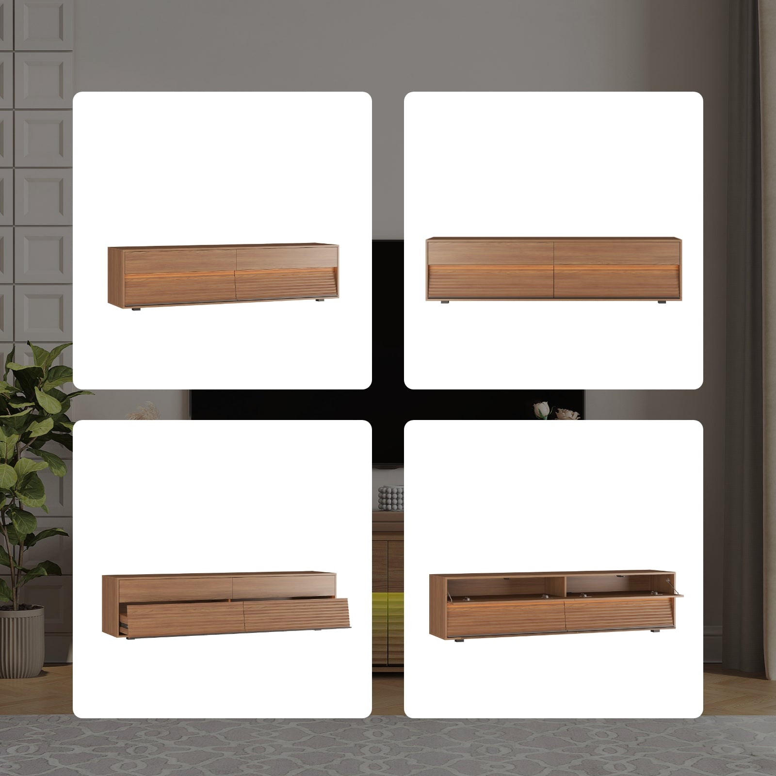 Furnipuzzle Rectangular Light Wood Pattern MDF TV Cabinet - Double Door Storage Design for Living Room Use