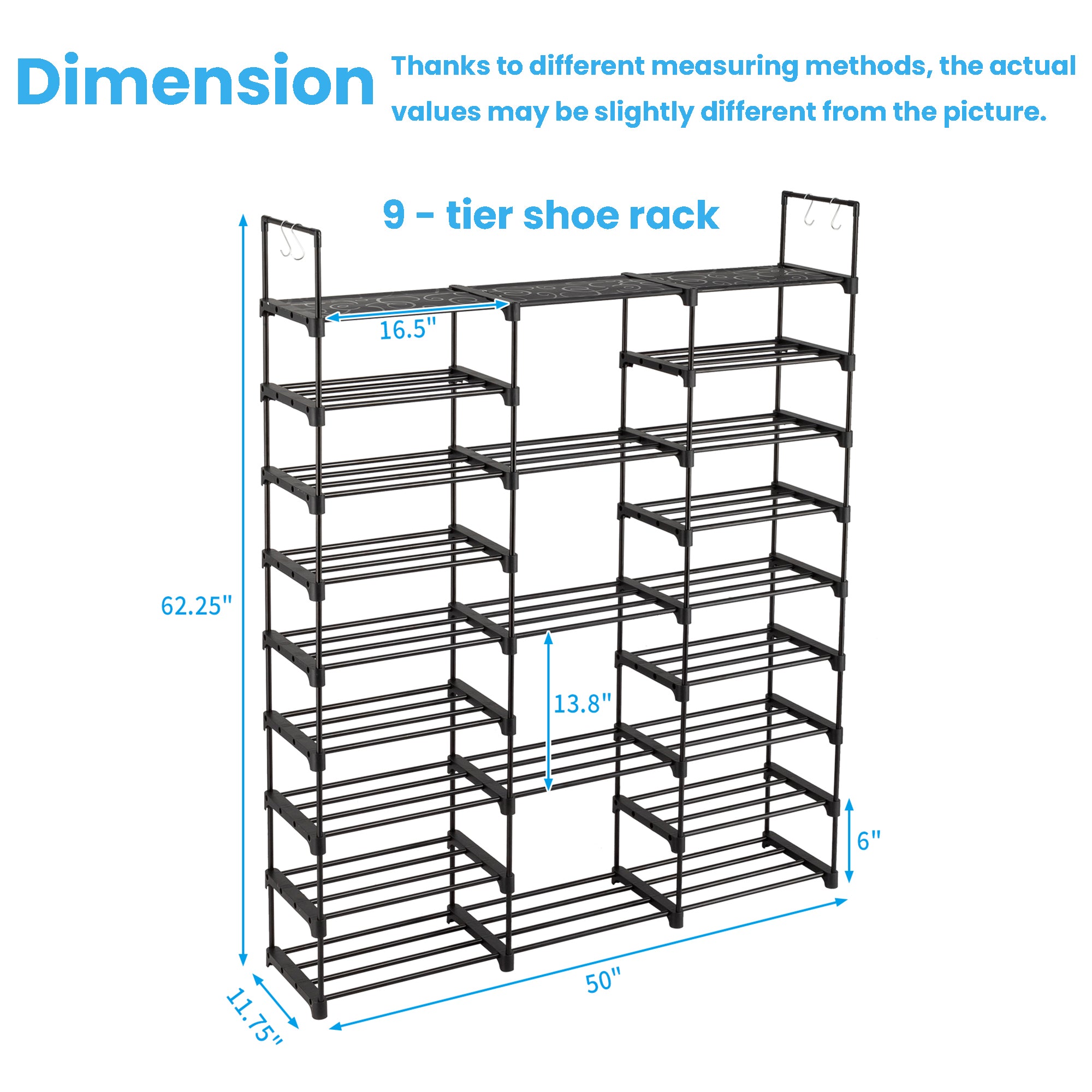 Furnipuzzle The multi - layer shoe rack organizer can hold 70 - 80 pairs of shoes at most. It's a metal shoe rack with hooks, which is great for entryways and garages. And it's black.